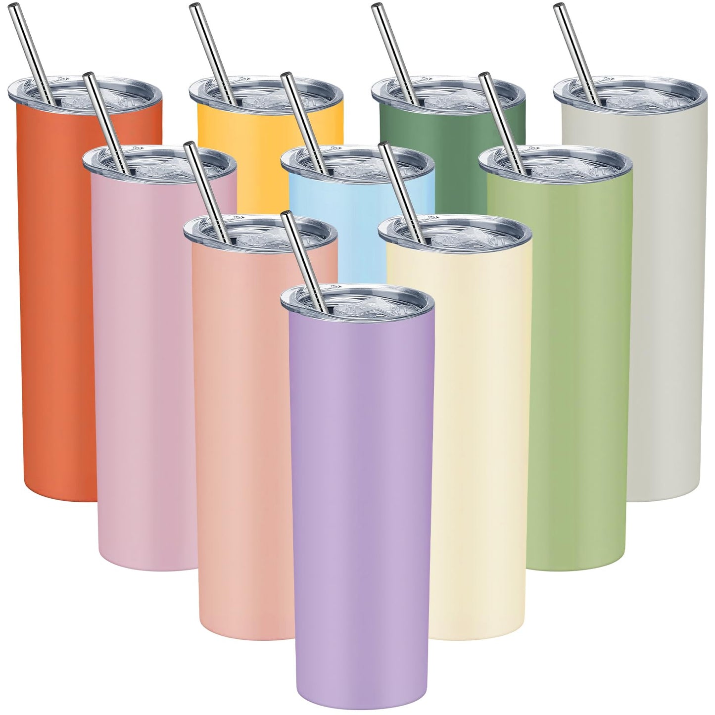 10 Pack Stainless Steel Skinny Tumblers Bulk, 20 oz Insulated Tumblers with Straws and Lids, Double Wall Vacuum Insulated Coffee Cups Travel Slim Cups for Cold and Hot Drinks (10 Colors)