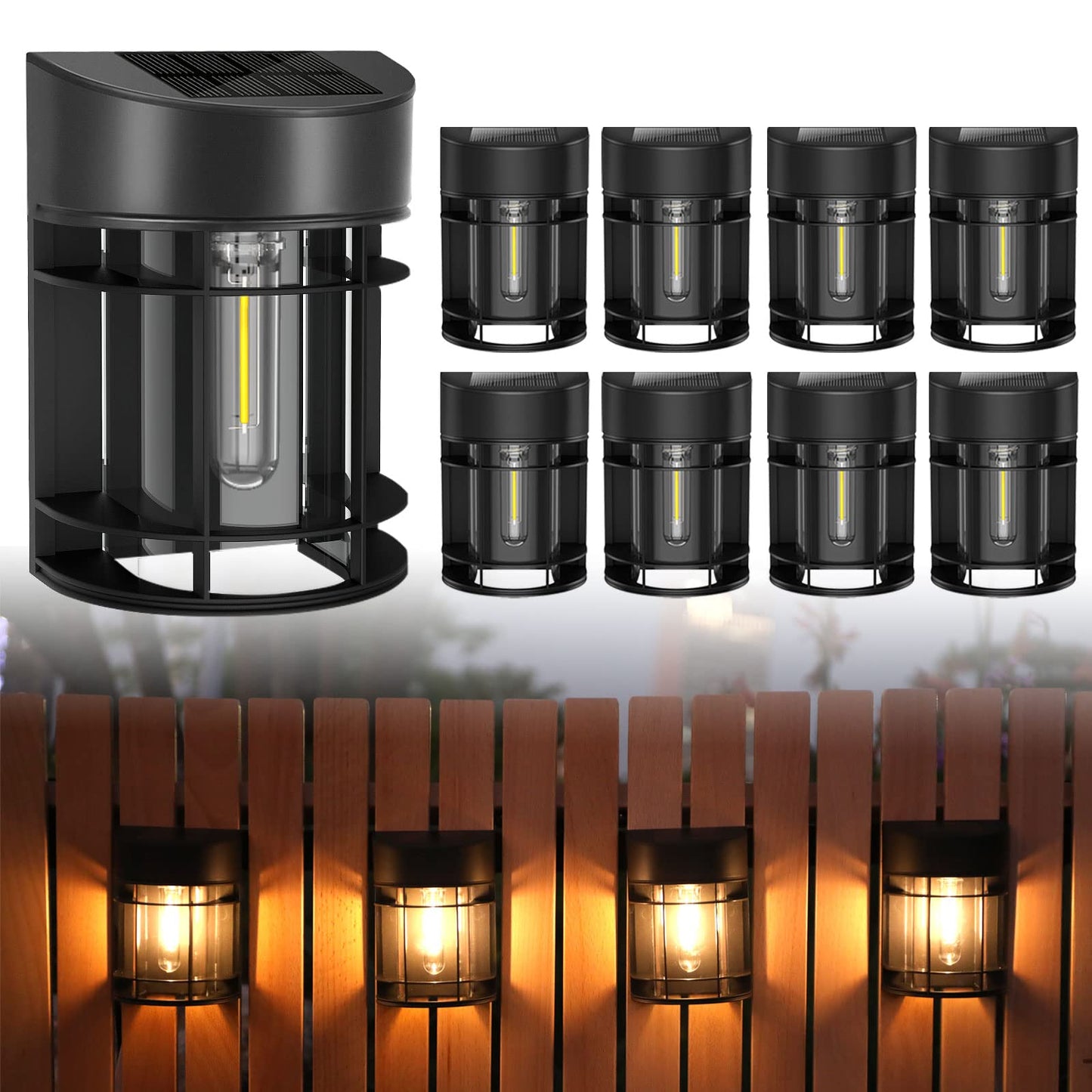 DOESLAG Solar Fence Lights Outdoor 8 Pack Deck Lights Solar Powered with Edison LED Bulbs, Waterproof Solar Outdoor Lights for Garden Fence Post Patio Backyard Décor