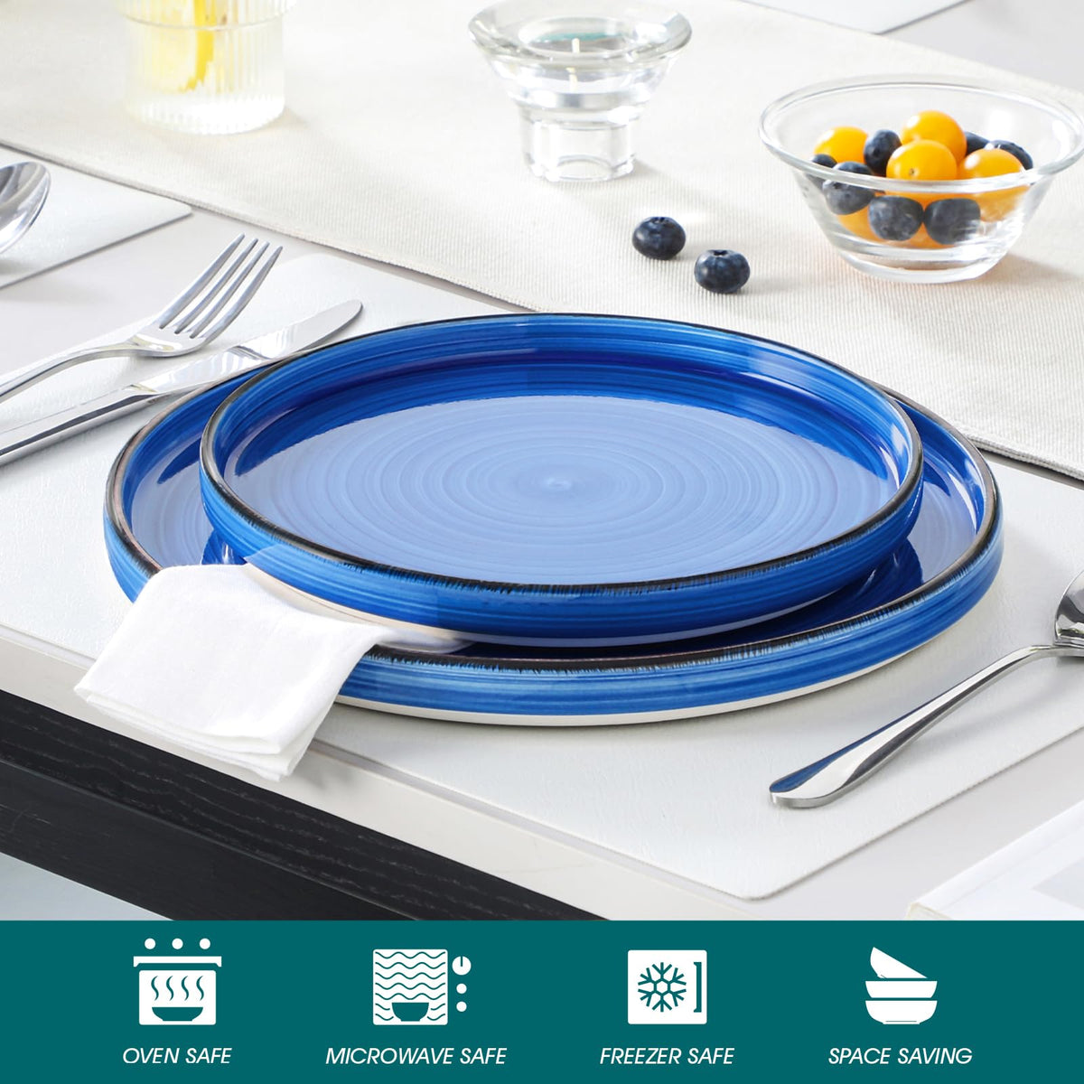 vancasso Bonita 10.5 Inch Dinner Plates, Ceramic Dinner Plate Set, Salad Plates Set of 6, Large Dinnerware Plates, Microwave, Oven and Dishwasher Safe, Blue