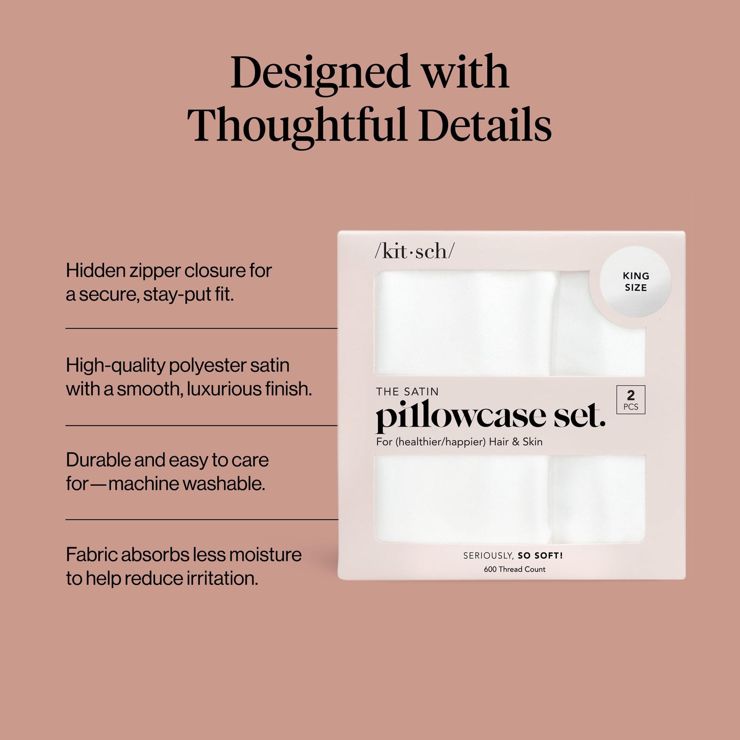 Kitsch Satin Pillowcase 2pcs, with Zipper for Hair & Skin, Softer Than Silk Pillow Cases Queen, Wrinkle-Free, Smooth and Cooling Satin Pillow Covers, King Size 19"x36" - Ivory
