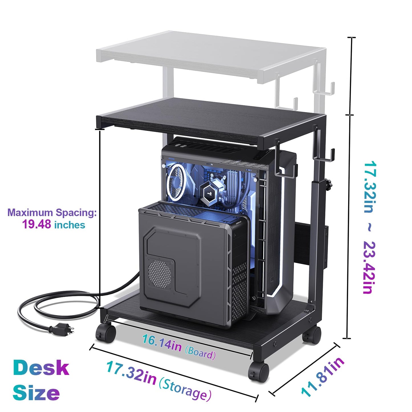 Hovadova Computer Tower Stand with Charge Station and USB Charging Port - Height Adjustable PC Tower Stand, Under Desk CPU Holder Cart with Locking Caster Wheels for Fits Most PC