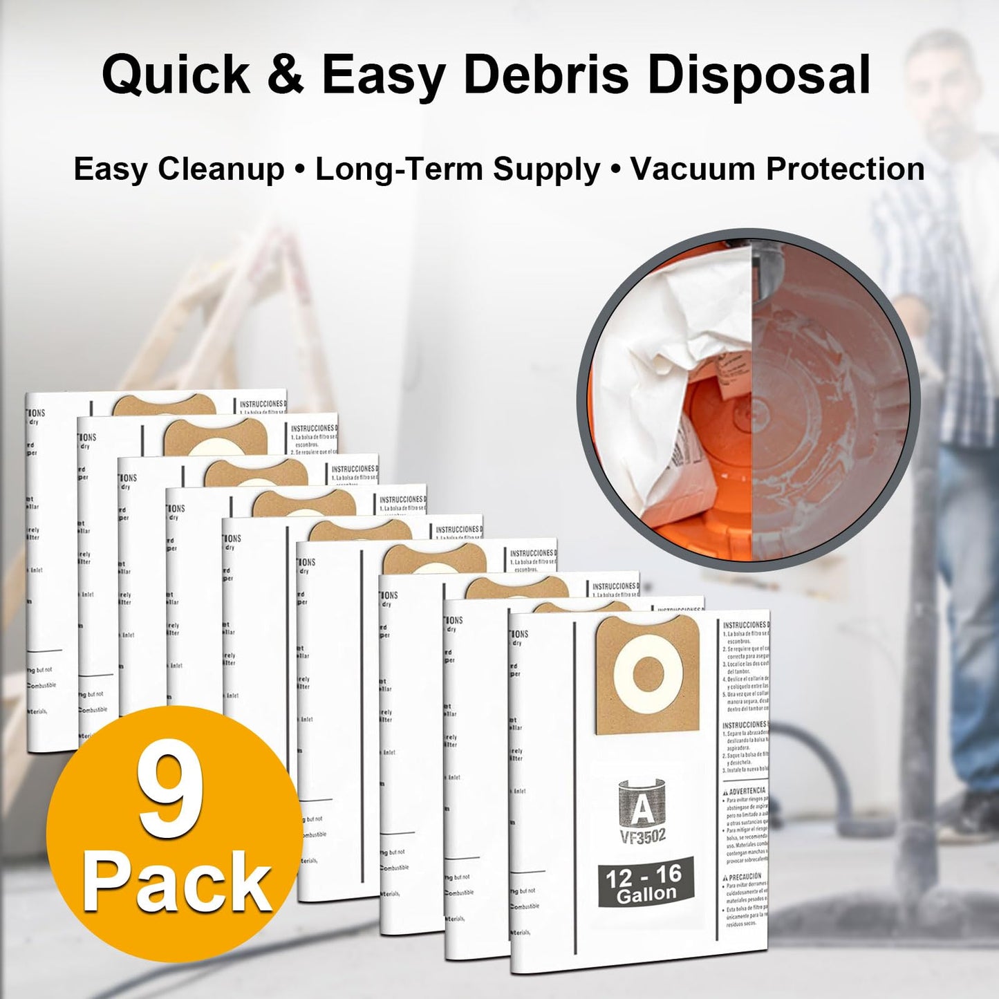 Replacement for Ridgid Shop Vac bags, 9 Pack VF3502 Vacuum Bags Compatible with RIDGID 12-16 Gallon Wet/Dry Cleaners,Size A /23743 Models