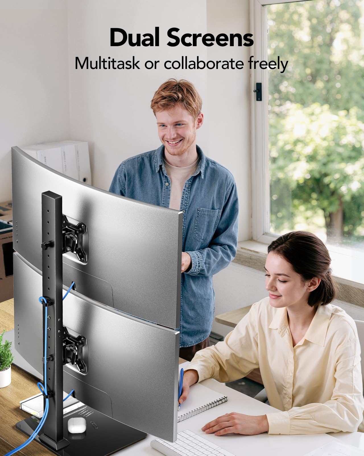 HUANUO Advanced Dual Monitor Stand with Tempered Glass Base - Vertical Mount for 13-34" Screens (44 lbs Each). Engineered Stability for Working, Gaming. Swivel, 360° Rotation & 13 Height Adjustments.