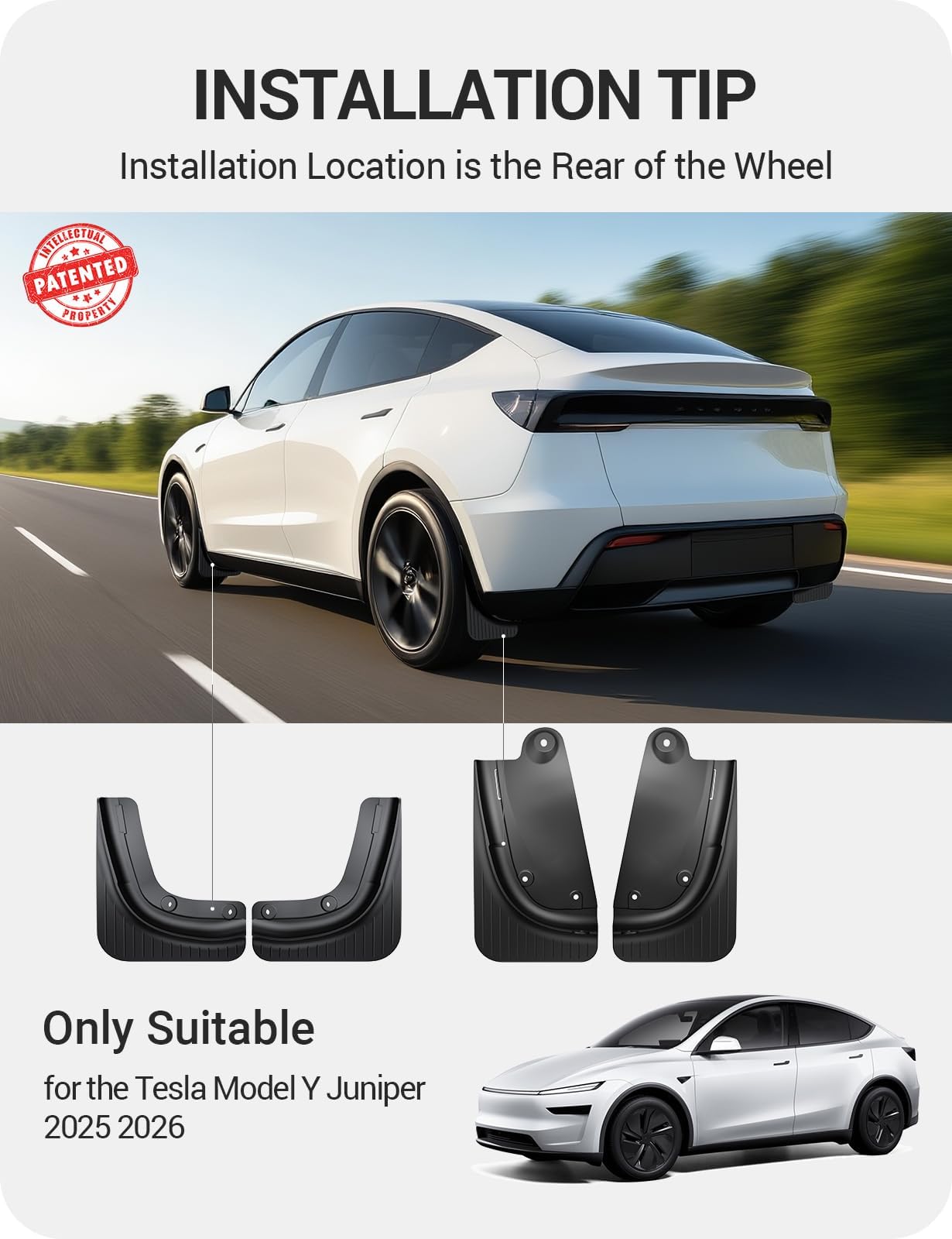 BASENOR 2026 Tesla Model Y Mud Flaps Splash Guards Fenders [No Drilling No Tape] [Paint Protection] All Weather Tire Protector TPE Mudflaps for Model Y Juniper 2025 2026(Standard/Premium/Performance)