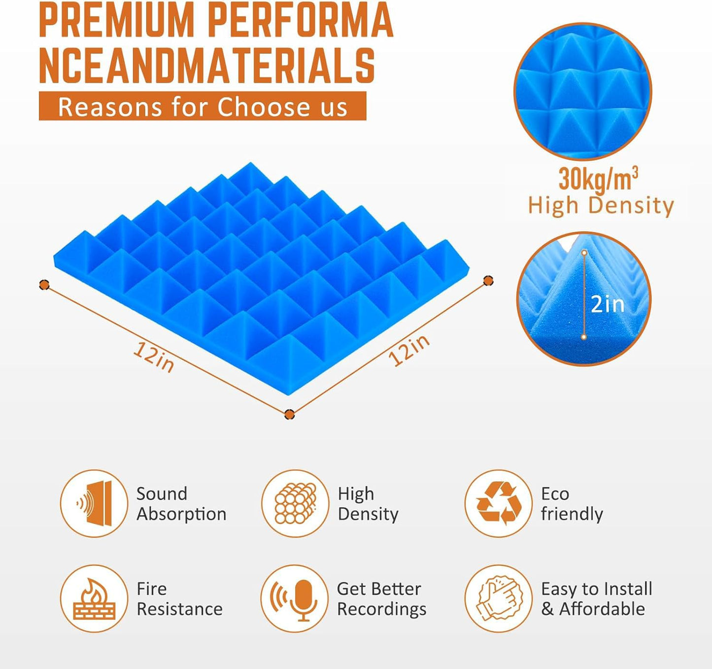 Saiqiang Blue Pyramid Sound Proof Foam Panels for Walls 2"×12"×12" High-Density 24Pack Soundproof Panels Acoustic Foam Panel Noise Absorbing for Studio Soundproofing