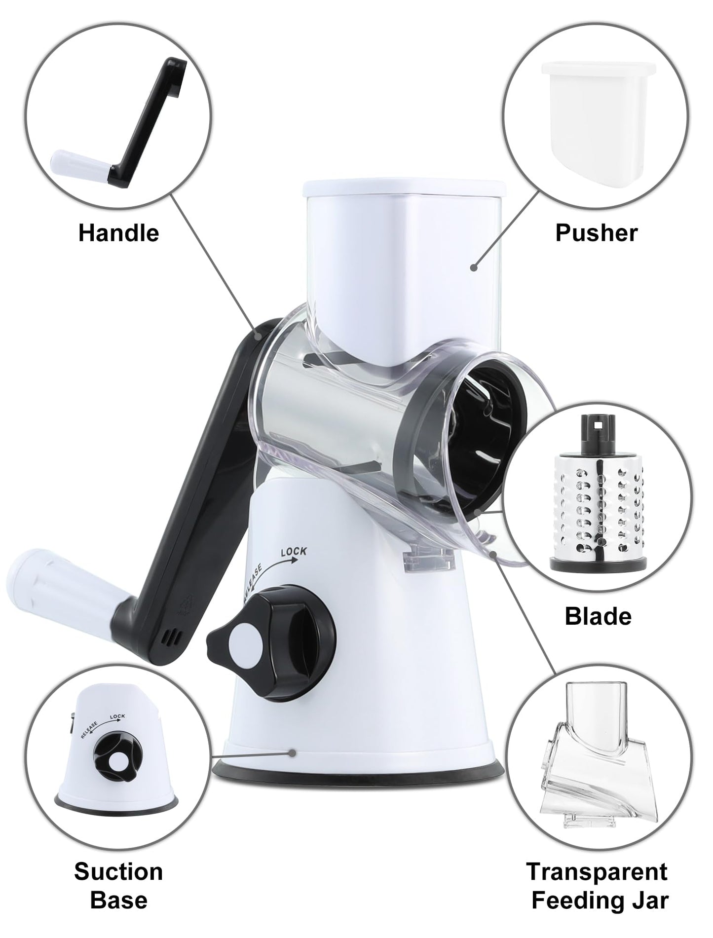 Cheese Grater Rotary, Rotary Cheese Shredder for Kitchen, Kitchen Grater Vegetable Slicer with 3 Drum Blades, Fast Cutting Cheese Shredder for Vegetables and Nuts