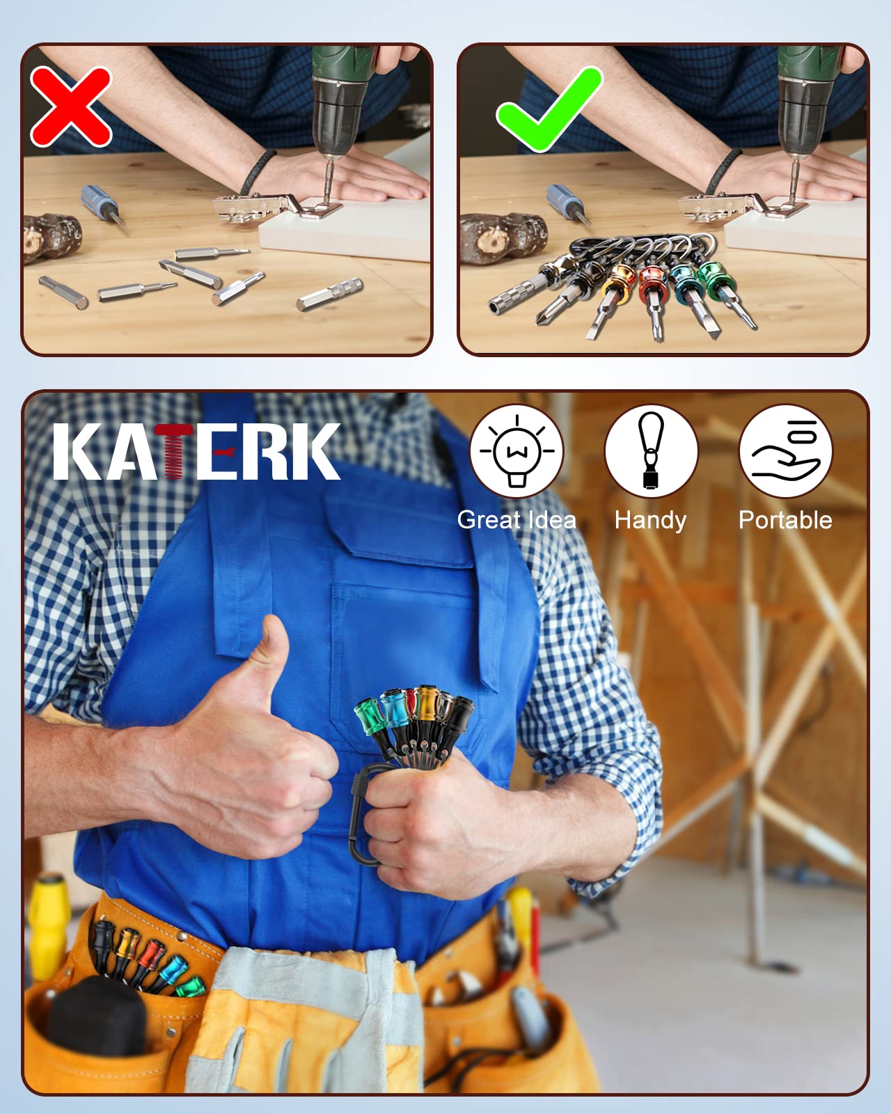 Katerk 24 pcs (4 Sets) Drill bit Holders Key Chain, 1/4 inch Hex Shank Aluminum Alloy Screwdriver Bits Holders, Light-Weight Quick-Change Extension Bar Keychain Drill Screw Adapter