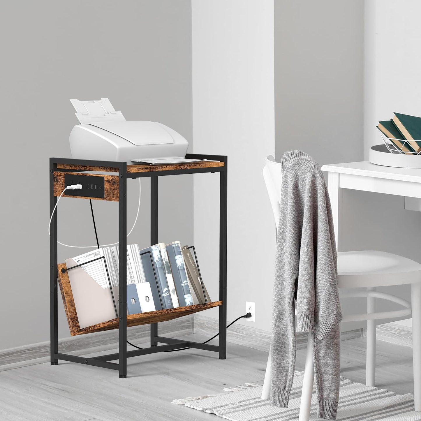 Printer Stand 2-Tier Printer Cart with Storage Shelves Printer Table with Charging Station Rolling Printer Shelf on Wheels Industrial Printer Holder Stand End Table Side Table for Home Office, Brown