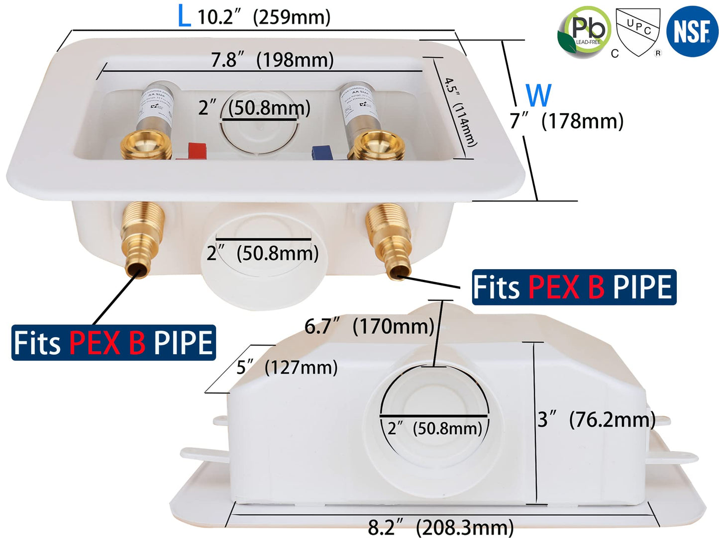 WHK Washing Machine Outlet Box,Pex Laundry Box Washer Wall Box With Drain Recessed Water Valve Box Center Double Drain 1/2-inch Crimp PEX B,PVC White (With Stainless Steel Water Hammer Arrester)