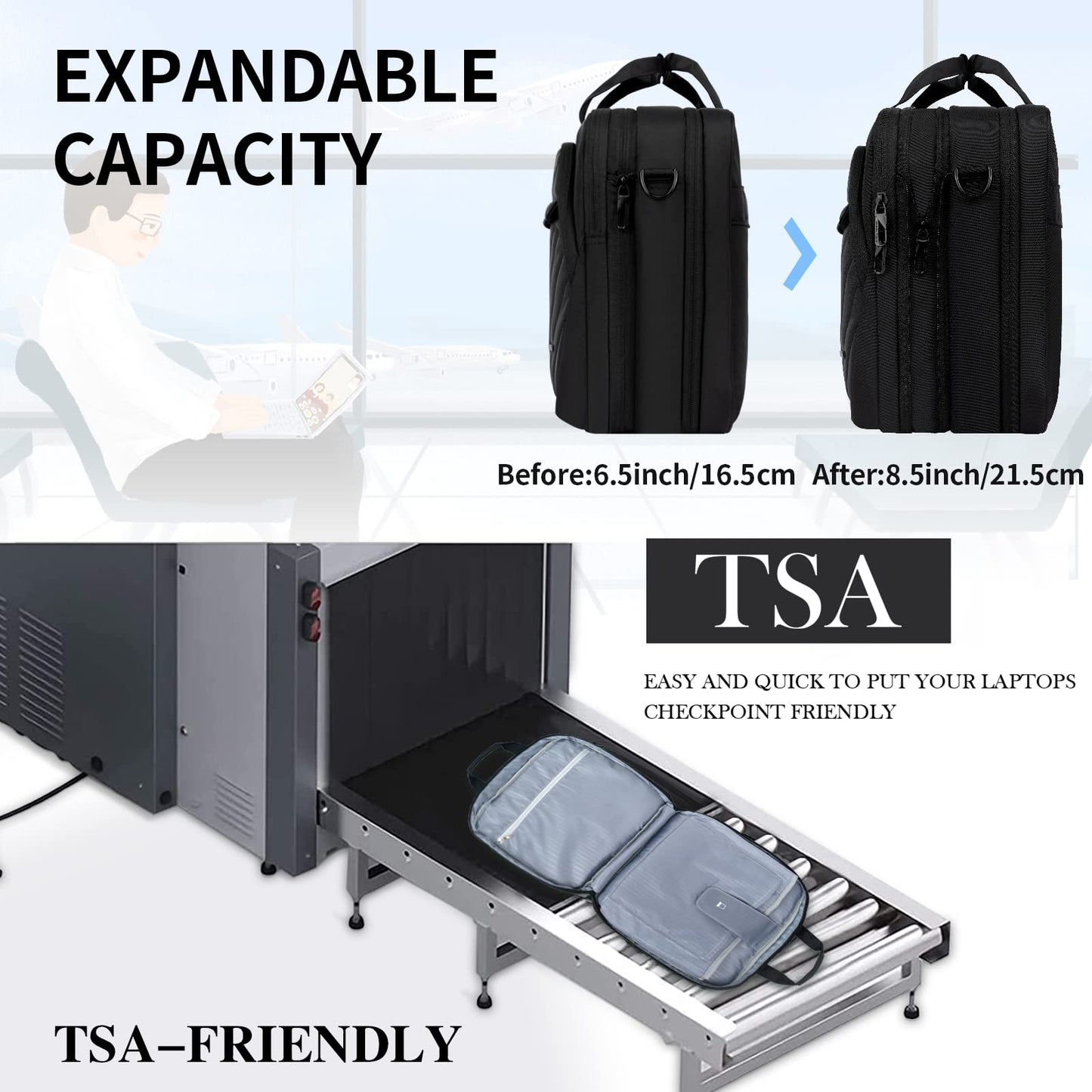 17 Inch Laptop Bag, VANKEAN TSA Friendly Expandable Briefcase for Women Men Fashion, Waterproof Computer Bag with RFID Pocket, Work Bag for Women Messenger bags for Bussiness/Travel/College, Black