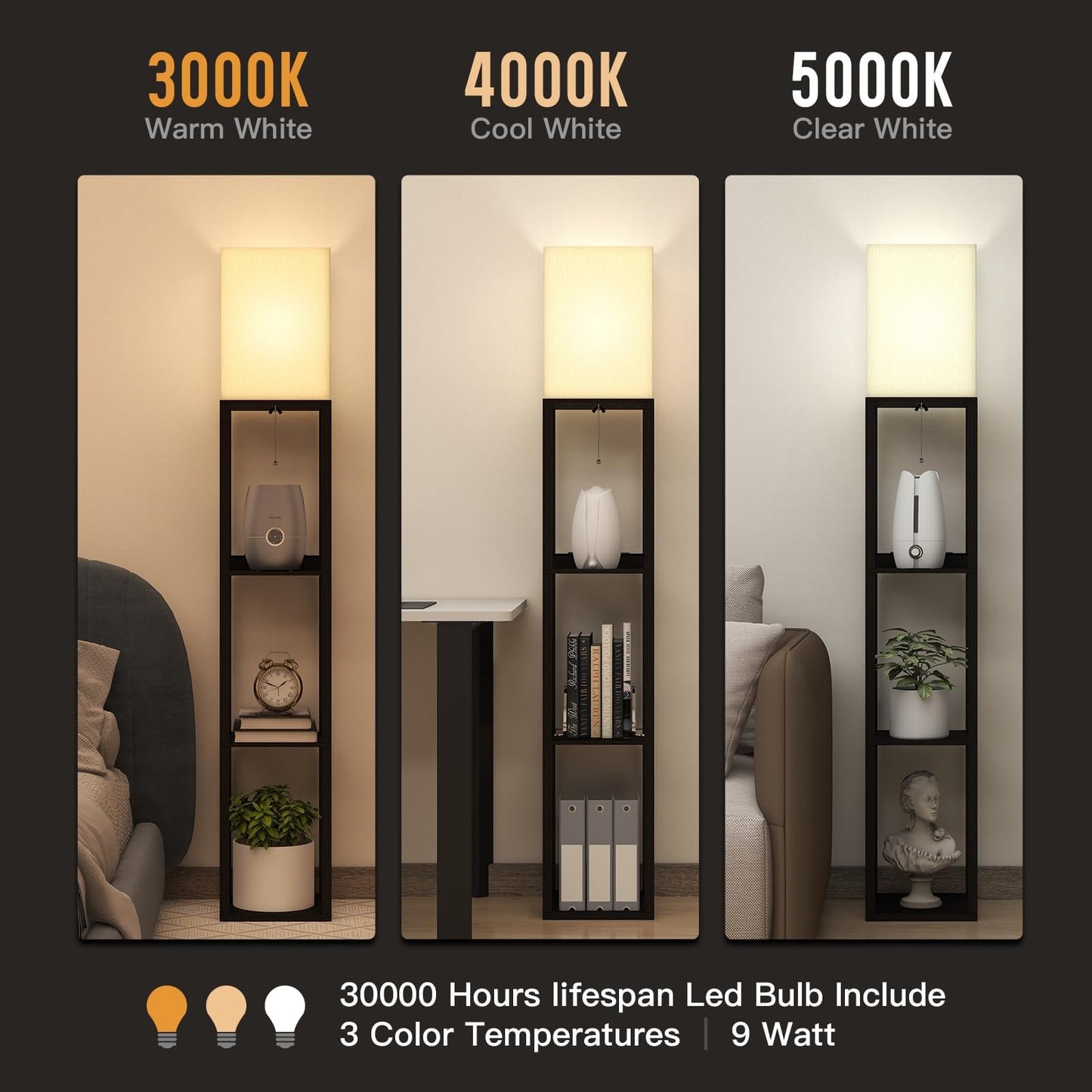 TABEVIO Floor Lamp with Shelves,Smart APP Control Standing Lamp with RGB Bulb with 2 USB Ports, 2 Power Outlet, Corner Lamp with Linen Shade for Living Room, Bedroom, Office