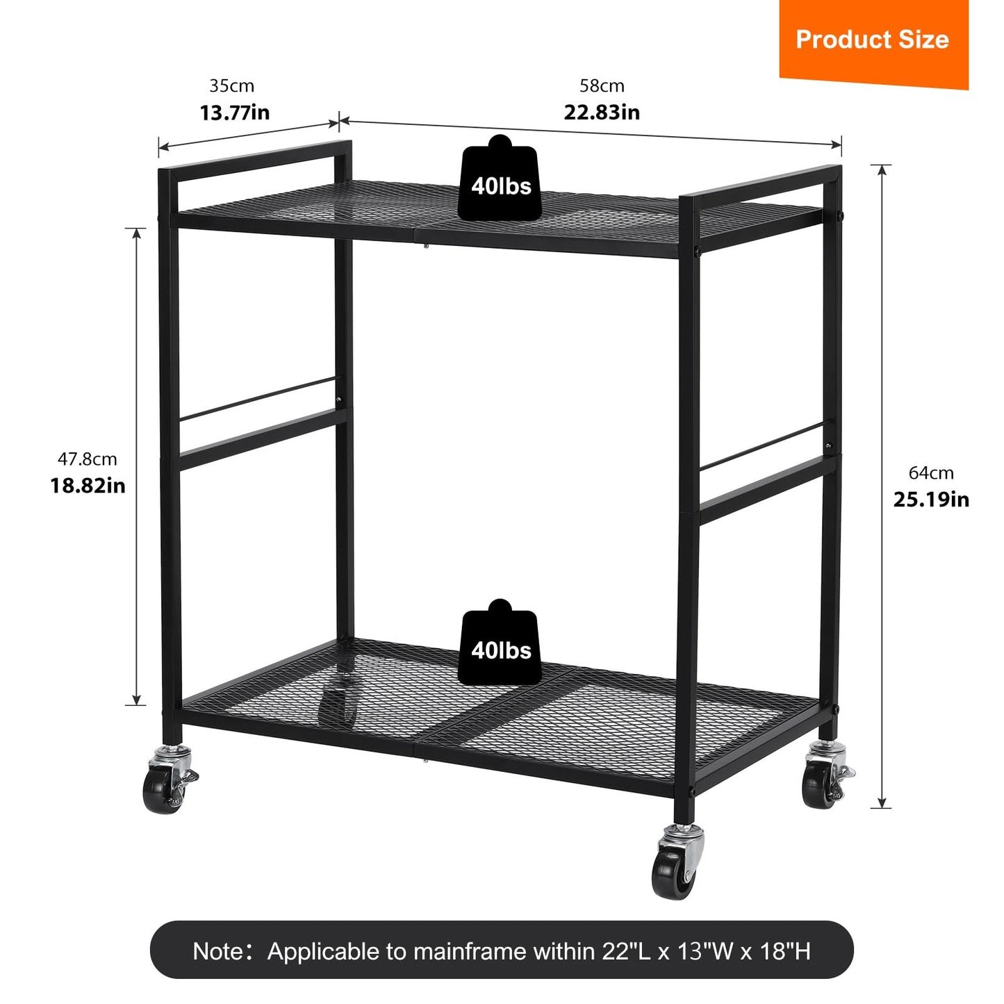 Computer Tower Stand, PC Tower Stand, Mobile CPU Holder Stand Cart with Caster Wheels Metal 2 Tier Rolling Printer Cart for Fax Home Office Black