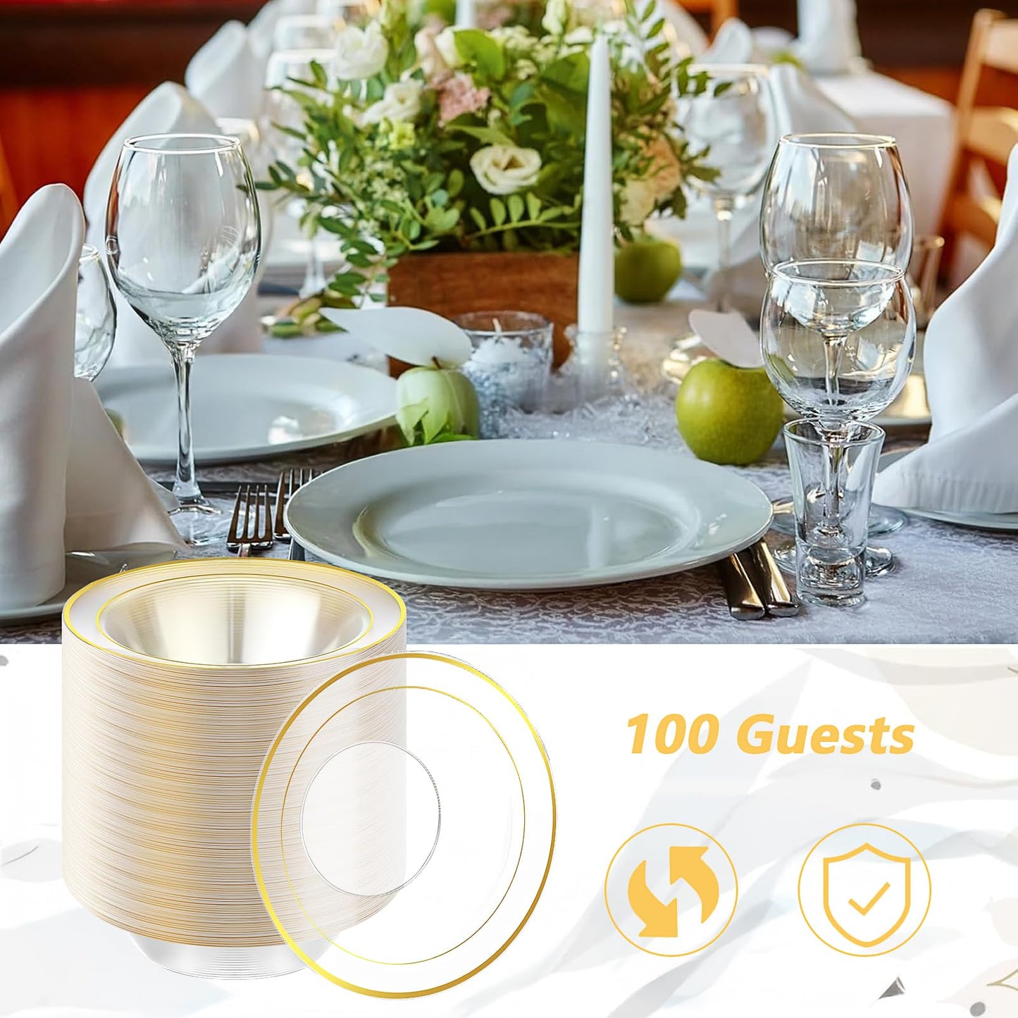 100Pcs Disposable Serving Bowls for Party, 12 oz Plastic Soup Bowls Bulk Clear Dessert Bowl with Gold Rim for Catering Holidays Dinner Wedding Party Supplies