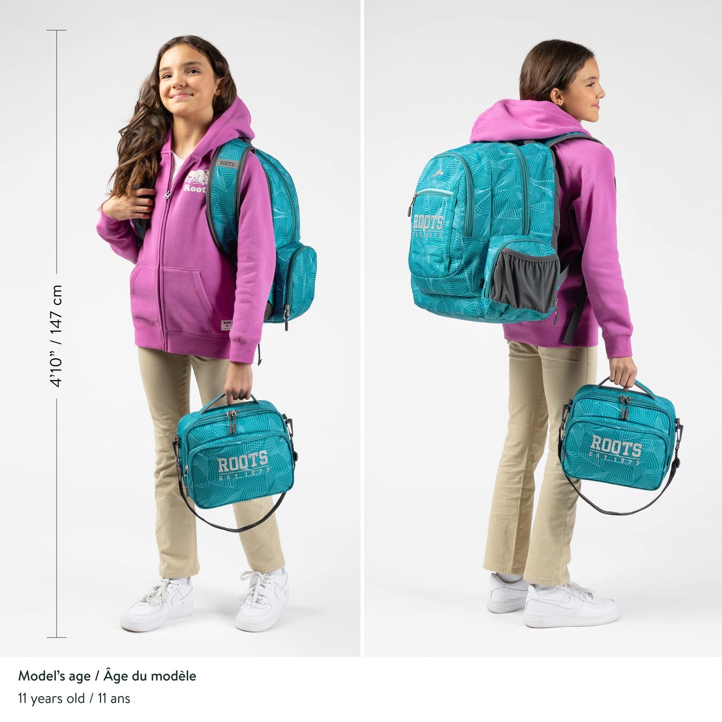 Roots Original 3-in-1 Matching Water Resistant Backpack and Lunch Bag Set with Bonus Pencil Case - Made From 100% Recycled Fabrics - 33 litres, Blue, Large