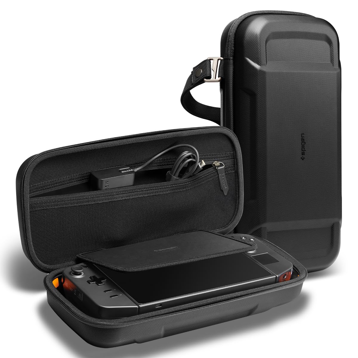 Spigen Rugged Armor Pro Designed for Lenovo Legion Go, MSI Claw 7 AI+ 8 AI+ & A8 Hard Shell Travel Carrying Case with Pockets for Accessories and Original Charger Storage Bag Case - Black