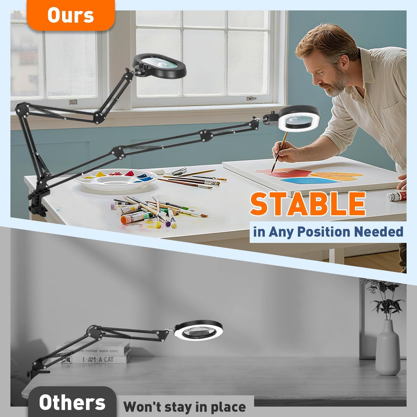 KUVRS 30X & 12X Magnifying Glass with Light and Clamp, Extra-Long Arm Magnifying Desk Lamp with 3-Axis Rotate Head for Workbench Craft Repair Sewing, Infinite Color Dimmable Large Lighted Magnifier