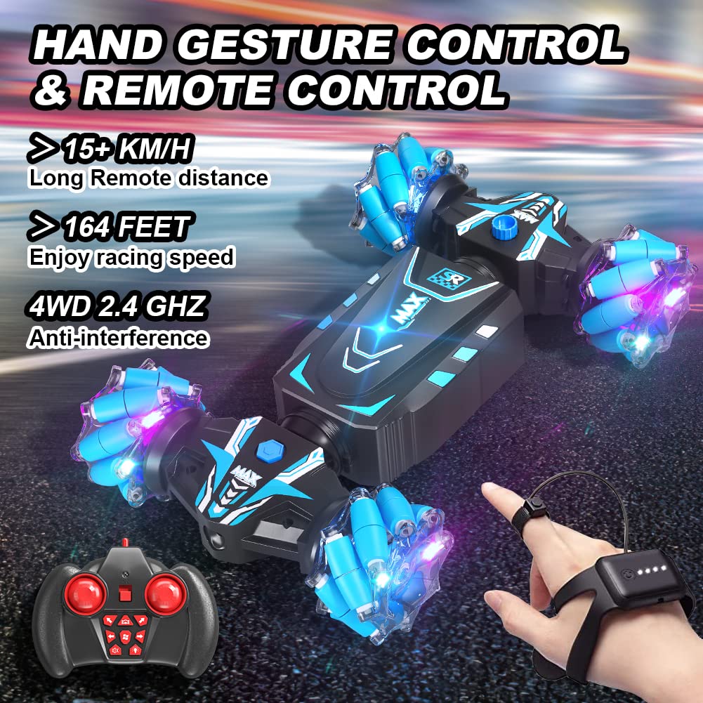 Remote Control Car Hand Controlled Gesture RC Stunt Car with Spray & Lights & Music for Kids 6-13 Years Old, 4WD 2.4GHz Off-Road Vehicle 360° Double Sided Rotation Crawler Toy Car Gifts for Boys Girls