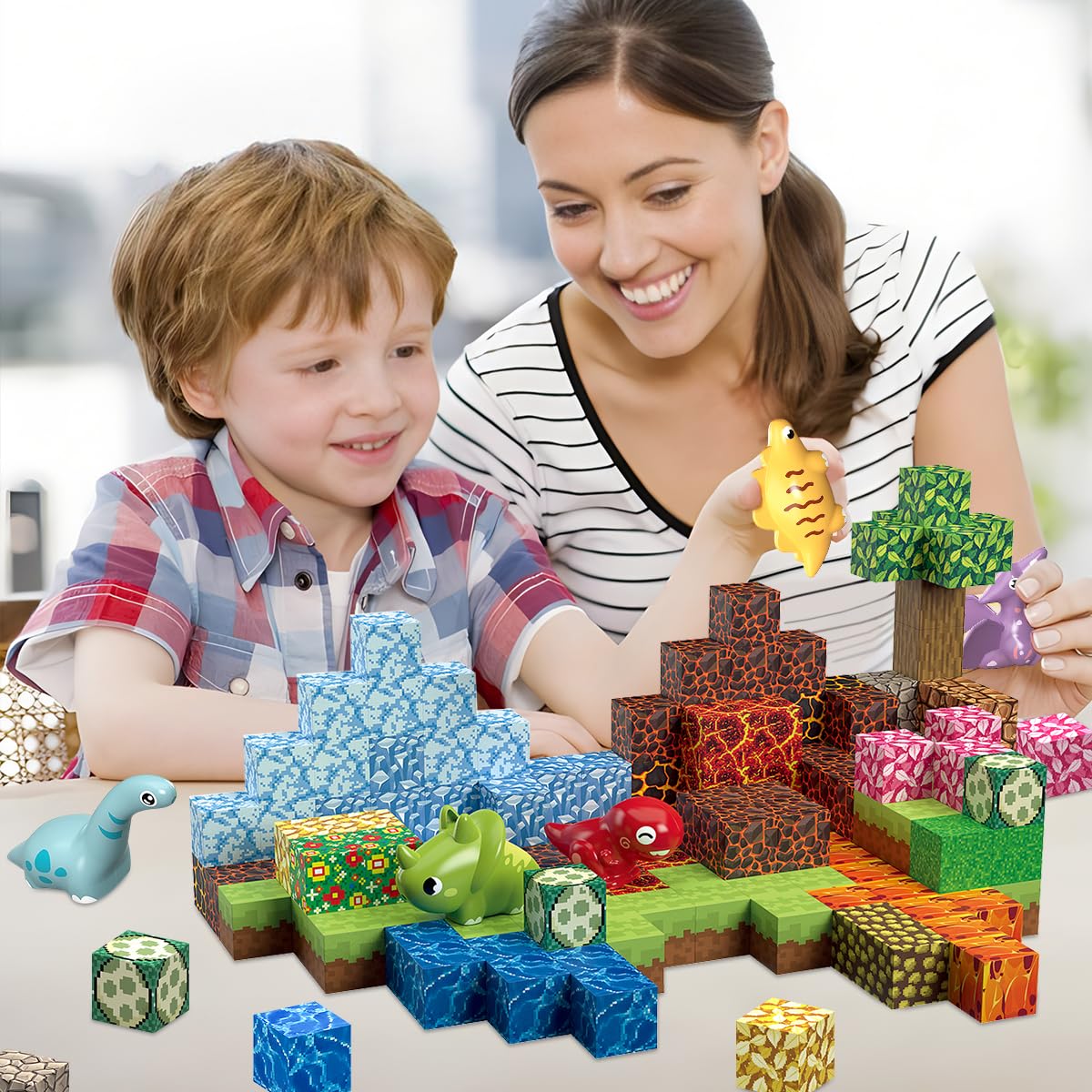 205Pcs Magnetic Blocks Dinosaur Building Set, 1 Inch Magnetic Building Blocks Magnet Dinosaur Building Toy Set Magnet Constructions Stacking Sensory STEM Toys for Toddler Boys Girls Christmas Birthday