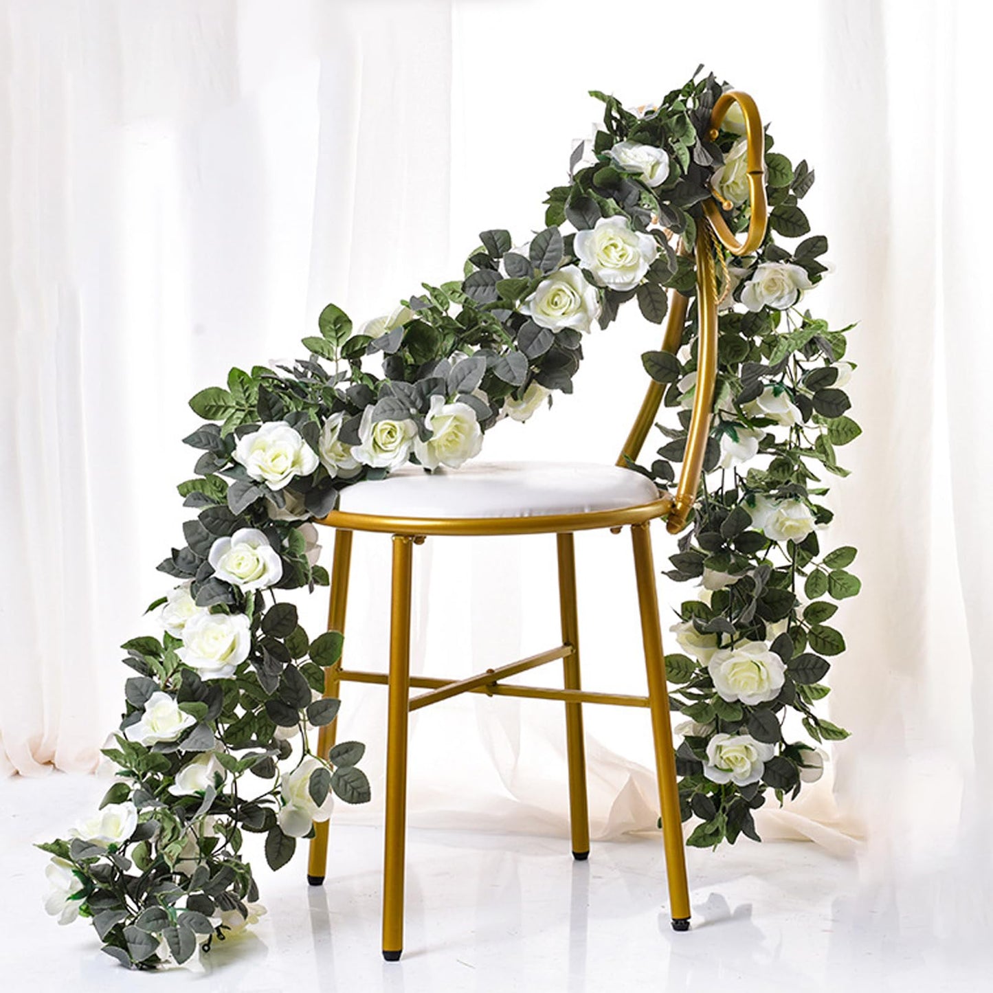 Bacucine Flower Garland Rose Vine 4Pcs 28FT Artificial Floral Garland with Green Leaves Hanging Rose Vine for Wedding Party Garden Home Wall Decor (White)