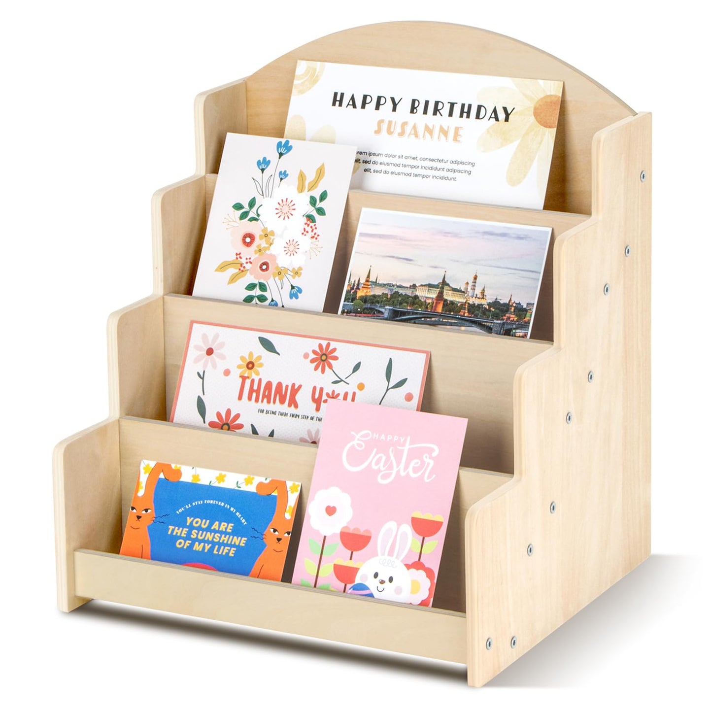 Greeting Card Display Stand, Wooden 4-Tier Postcard Display Stand Holder for Sticker, Vendors, Retail Stores, Beige