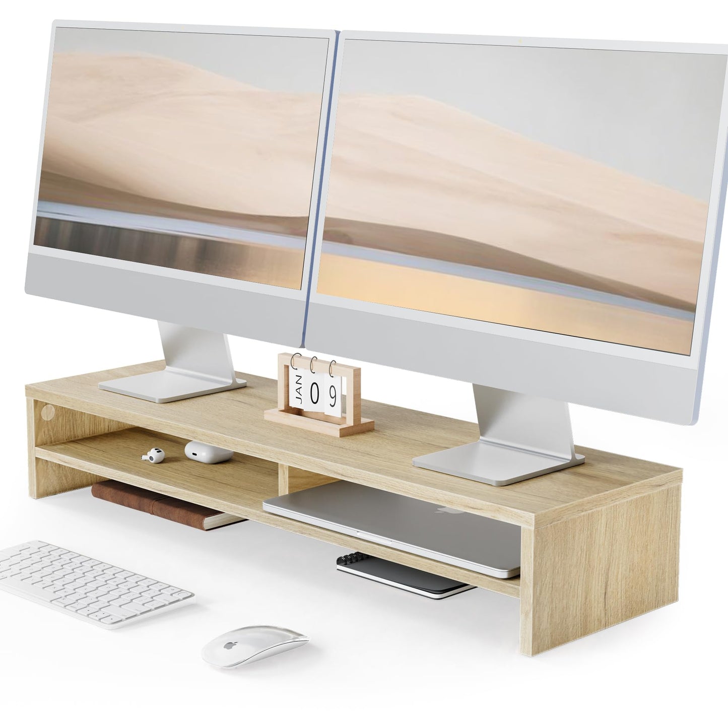 FENGE Monitor Stand, 31.5 Inch Computer Monitor Riser for Desk, 2 Tiers Wood Desk Shelf with Storage, Desktop Organizer for PC, Laptop, Screen, Printer Oak