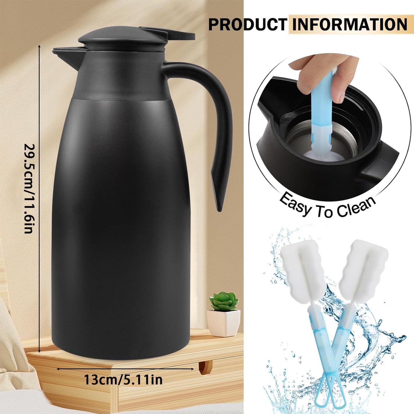 2 Pcs 68 oz Thermal Coffee Carafe Insulated Stainless Steel Coffee Carafe for Hot Liquids Vacuum Thermal Pot Creamer Carafe Dispenser with Brushes Keeping Hot 12 Hours (Silver, Black)