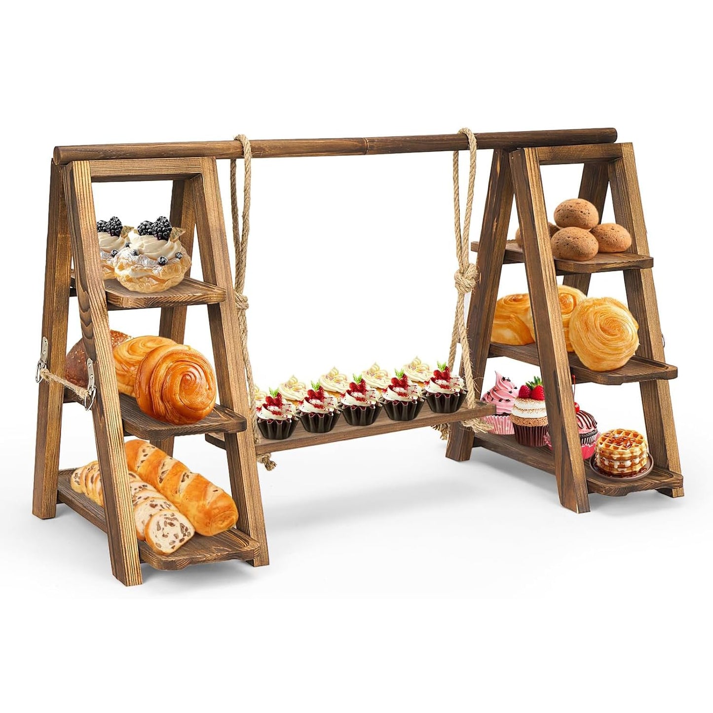 bimiti Wooden Double Dessert Table Display Set Rack 3 Tier Serving Tray Solid Wood Ladder Stand Wedding Cupcake Stand Dark Walnut Decorative Tray for Cake Snack Fruit Chips Bread Centerpieces
