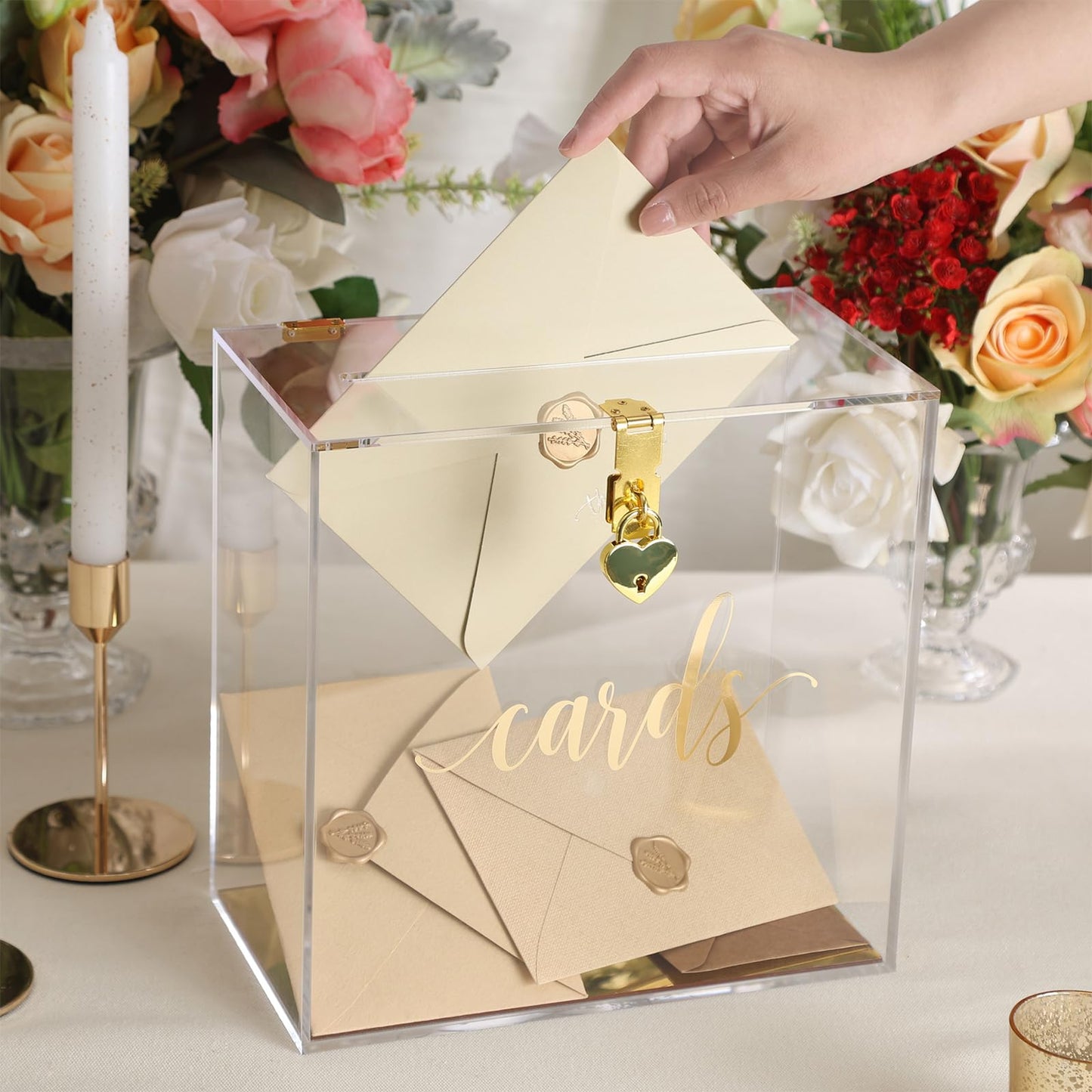 UNIQOOO Clear Acrylic Card Box w/Lock, Thick Wedding Box w/Slot Gold Foil Print, Large 10x10x5.5 in, for Reception Decoration Fundraiser Money Box Election Ballot Graduation Keepsake Party Favor