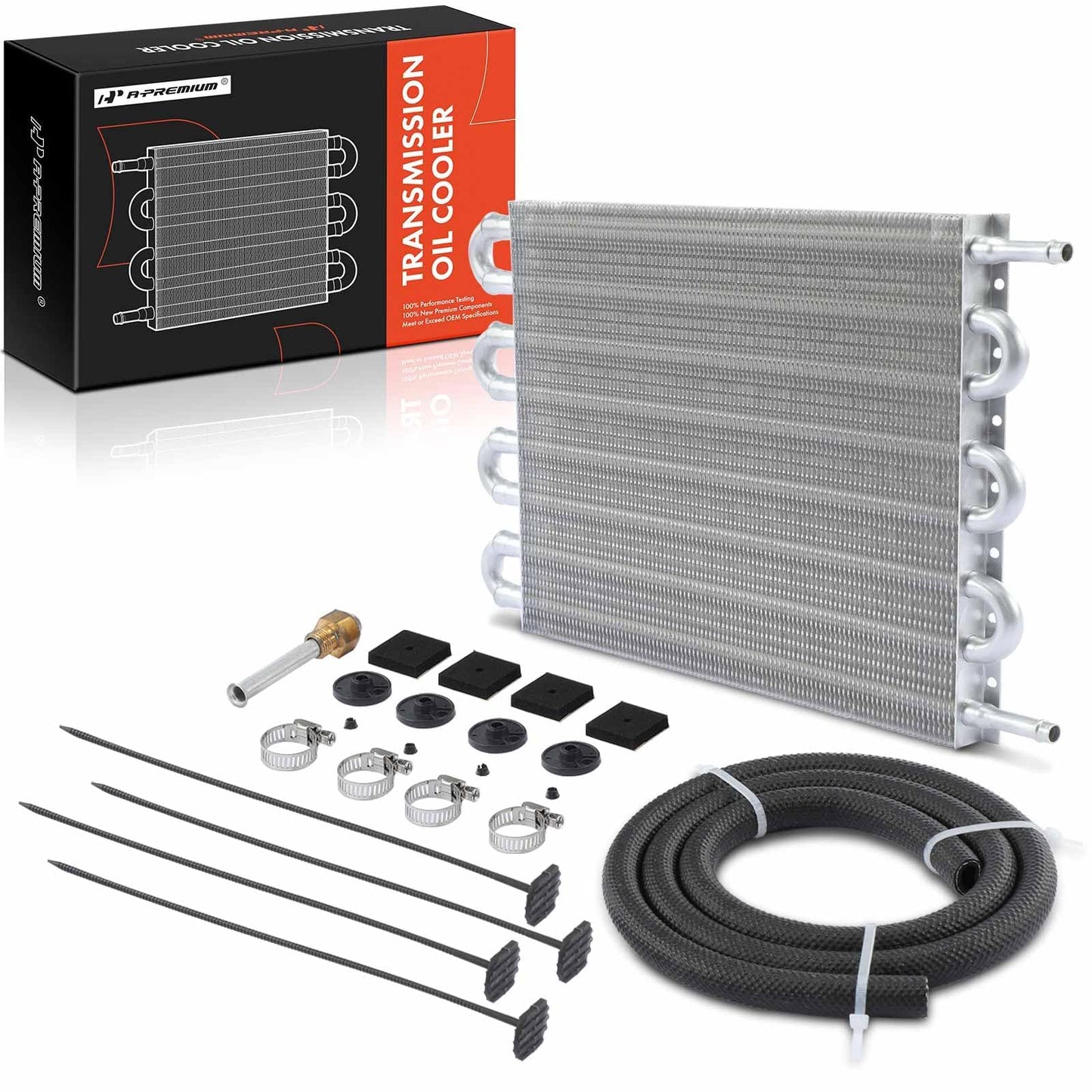 A-Premium Transmission Oil Cooler, Universal Aluminium 8 Pass Tube and Fin, Oil Cooler Kit with Hose Mounting Kit