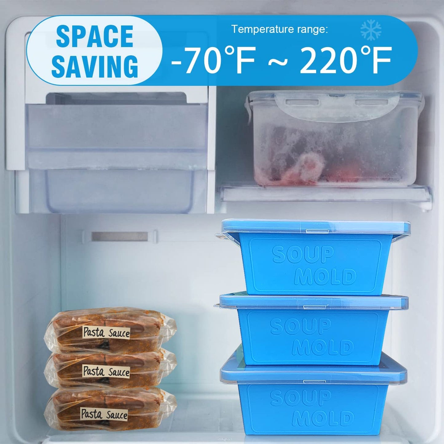 Walfos Silicone Soup Freezer Containers with Lid, Extra-Large 1-Cup Soup Freezer Tray for Soup, Silicone Soup Freezing Tray for Storing and Freezing Soup, Sauce, Broth & Ice, 4 Pieces