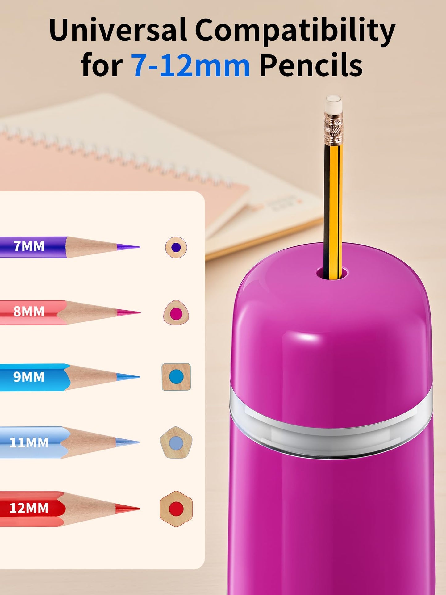 JARLINK Automatic Electric Pencil Sharpener - Hands-Free Operation, 3 Sharpness Modes, 3-Second Sharpening, Rechargeable & Portable for 7-12mm Pencils, Ideal for Classroom and Home Use (Pink)