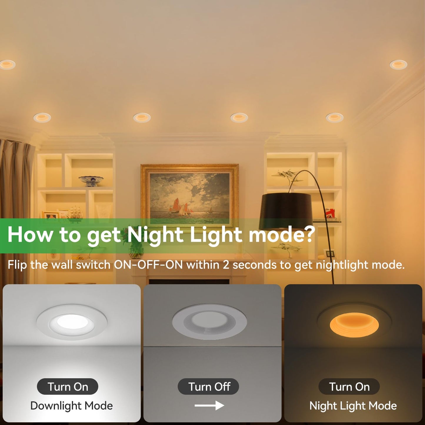 Togalonn Pot Lights 3 Inch LED Recessed with Night Light, Dimmable & 5CCT Selectable Slim Soffit Downlight, Ultra-Thin Canless Wafer Lighting, cETL, IC Rate, 6W/2W, Cut-Out 3", 6 Pack