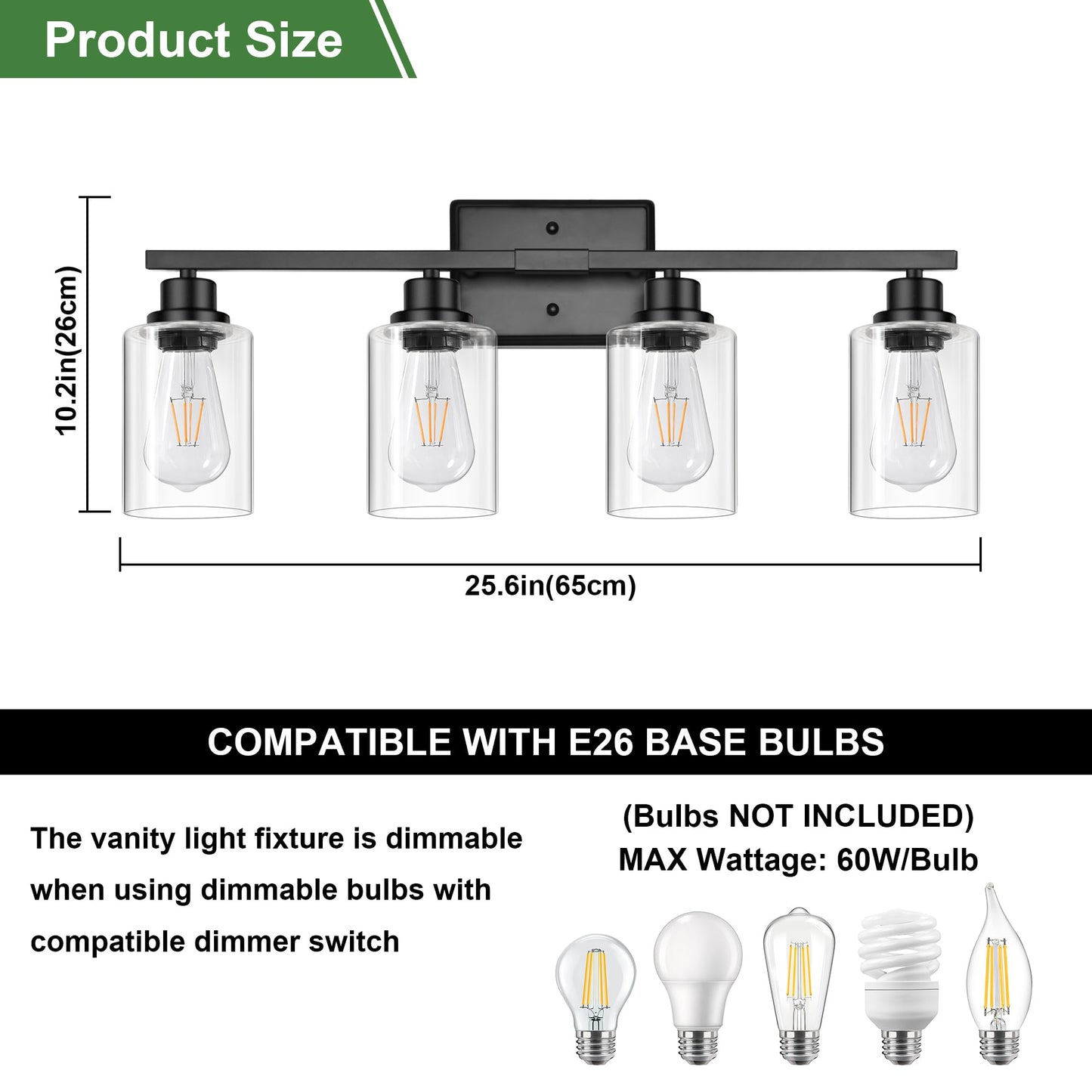Ascher Bathroom Light Fixtures, 4-Light Vanity Lights with Clear Glass Shade, Modern Black Finish Wall Light for Mirror Bedroom Hallway Cabinet Porch