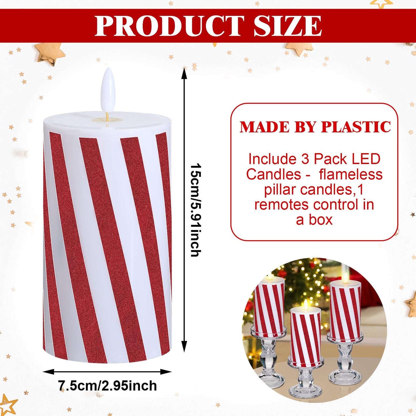 Baquler 3 Pcs Christmas Flameless Candles Candy Cane LED Pillar Candle Peppermint Glitter Stripe Red and White Battery Operated Candlestick for Xmas Party Holiday Table Centerpiece Home Decoration