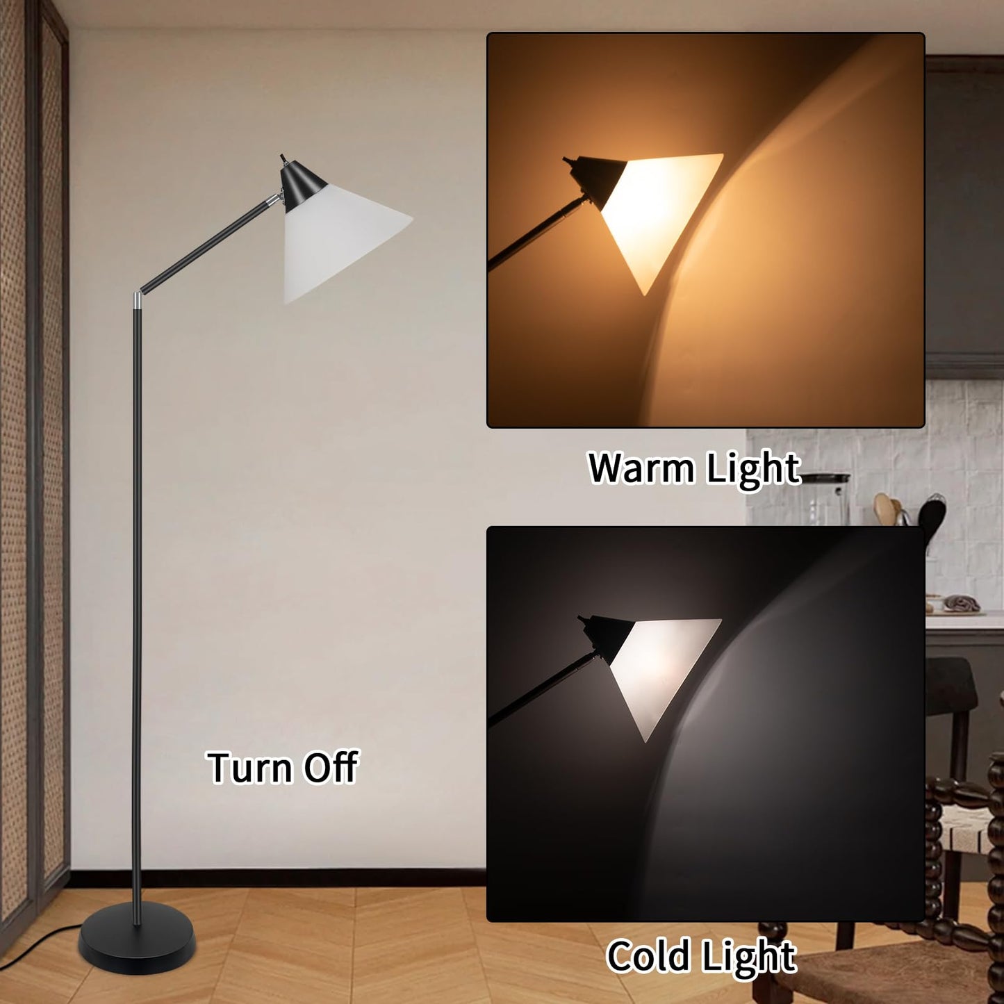 HonoDing Modern Floor Lamp for Living Room, Adjustable Height Standing Lamps, 360° Adjustable Head Arcylic Shade Floor Lamps, Corner Lamps for Bedroom, Office, Reading (Black)