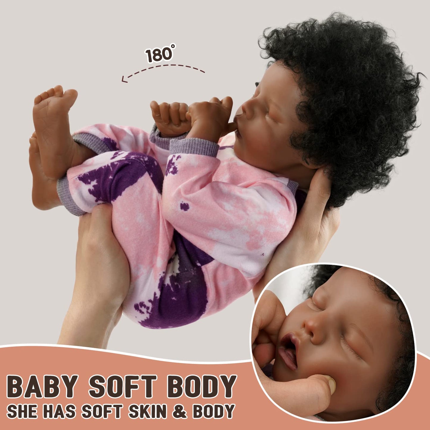 BABESIDE Lifelike Reborn Baby Doll Black 17-Inch Baby-Soft Body & Curls Realistic-Newborn Baby Dolls African American Real Life Baby Dolls Cloth Body w/Feeding Kit & Gift Box for Kids