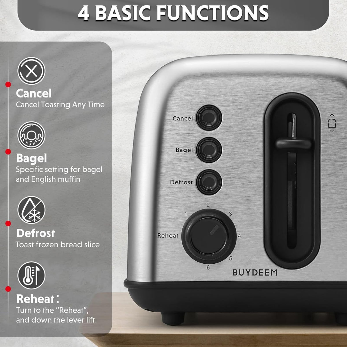 BUYDEEM DT420 2 Slice Toaster, Stainless Steel Toaster with Extra Wide Slots for Bagels, Muffins, High Lift Lever, 6 Shade Settings, Retro Sliver