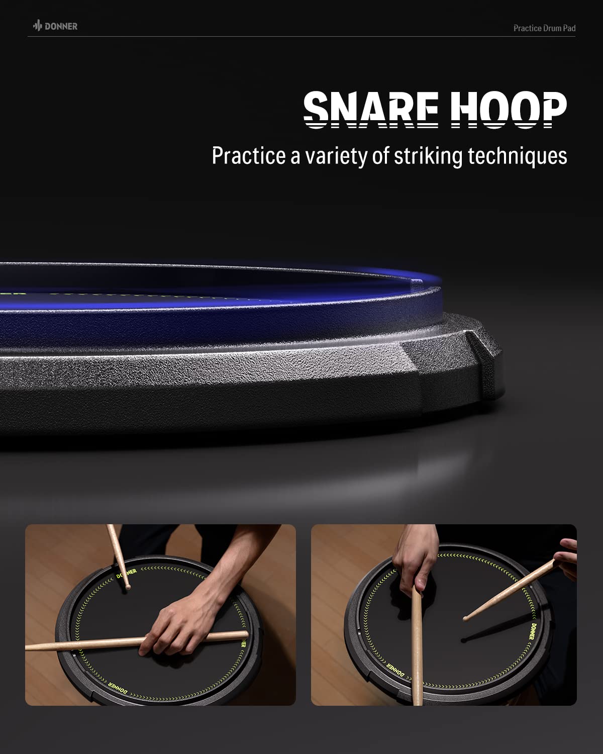 Donner Drum Practice Pad 12 Inches, Quiet Practice Drum Pad Built-in Detachable Ball Box with Drum Sticks - Black