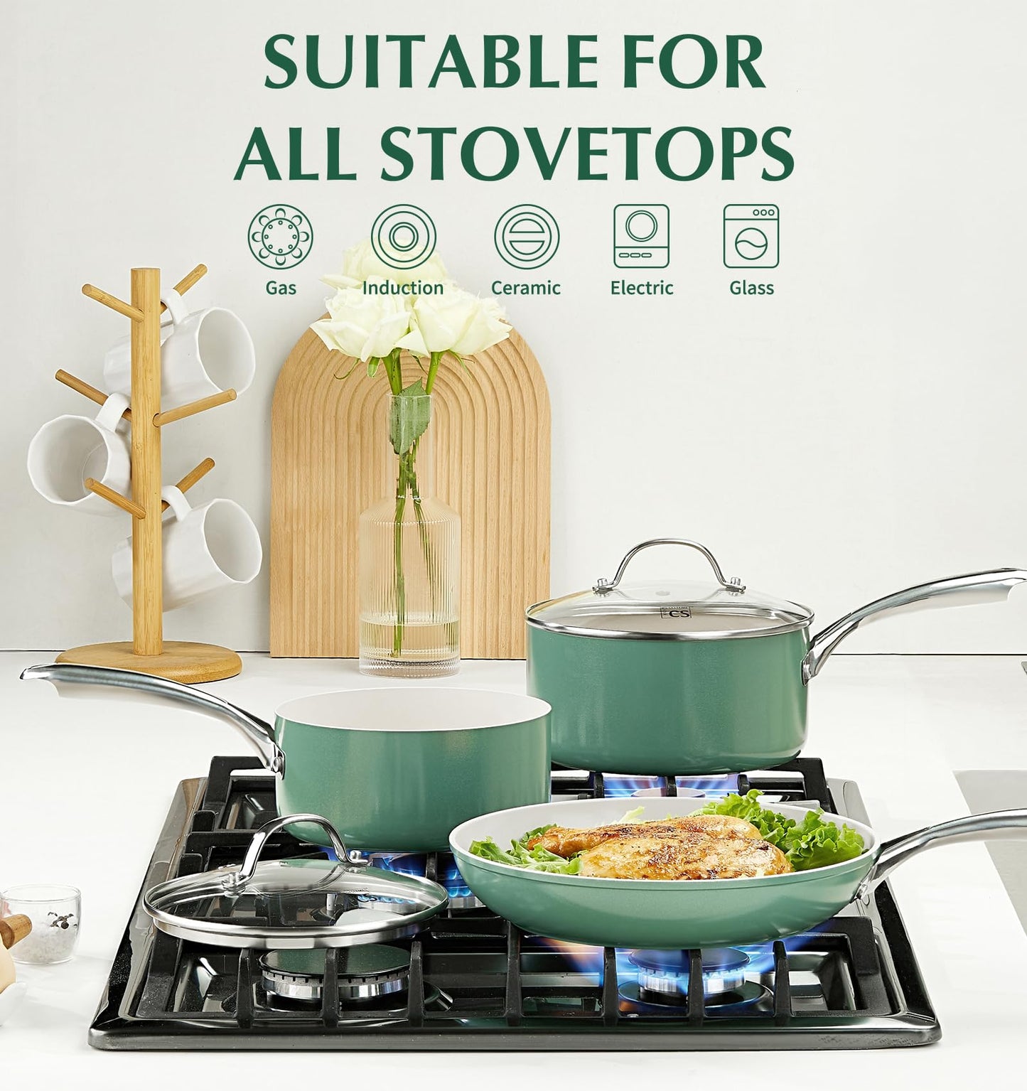 KOCH SYSTEME CS 1+2+3 Quart Nonstick Saucepan with Lid, Pot Set with Ceramic Coating, Sauce Pot, Kitchen Cooking Pot, Induction Compatible, Oven & Dishwasher Safe, Non Toxic, Green