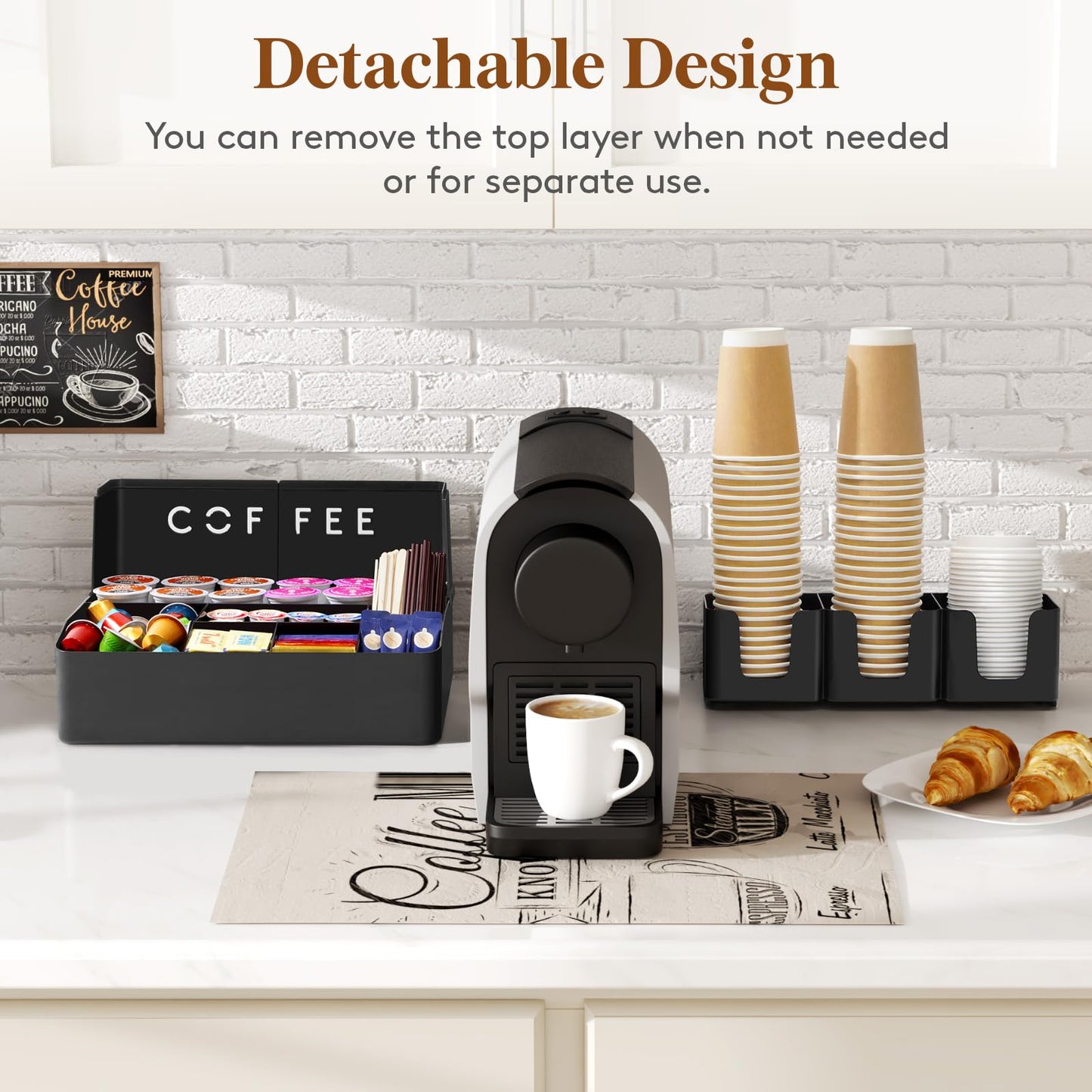 Lifewit Coffee Station Organizer for Countertop, 2 Tier Pod Holder for Coffee Bar Accessories, Tea Bag, Condiments, Upright Cup Storage for Office Breakroom, Home Kitchen, 10 Compartments, Black