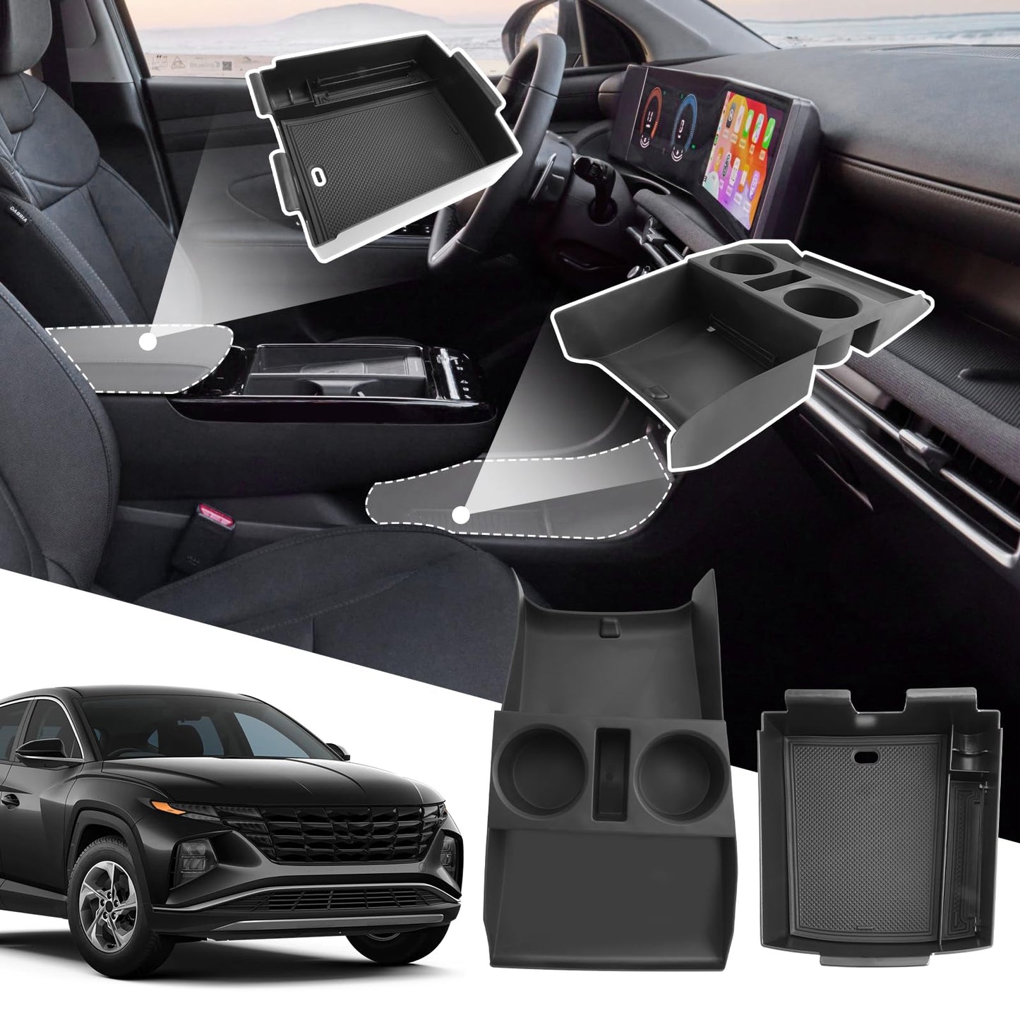 SXCY 2PCS for 2025 2026 Hyundai Tucson Center Console Organizer for 2025 2026 Hyundai Tucson (Limited) Accessories Under Console Cup Holder Tray for 2026 Tuc son Armrest Console Organizer