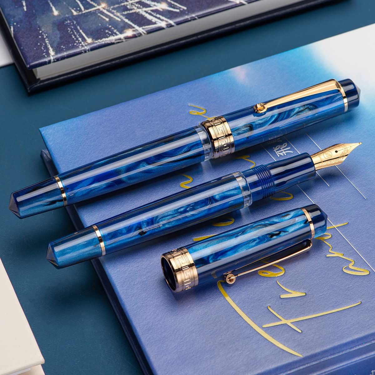 Asvine P20 Galaxy Blue Fountain Pen Piston Filling, Gold Plated Fine Point Smooth Writer with Pen Gift Case