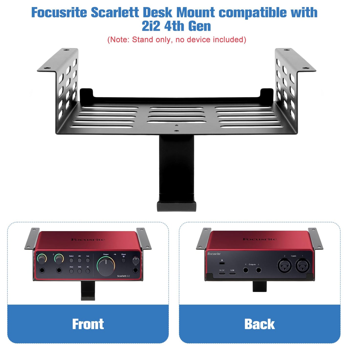 Metal Under Desk Mount for Focusrite Scarlett 2i2 4th Gen with Adjustable Headphone Hanger Stand, Metal Under Desk Mount for Audio Interfaces and Studio Gear (Only for Focusrite Scarlett 2i2 4th Gen)