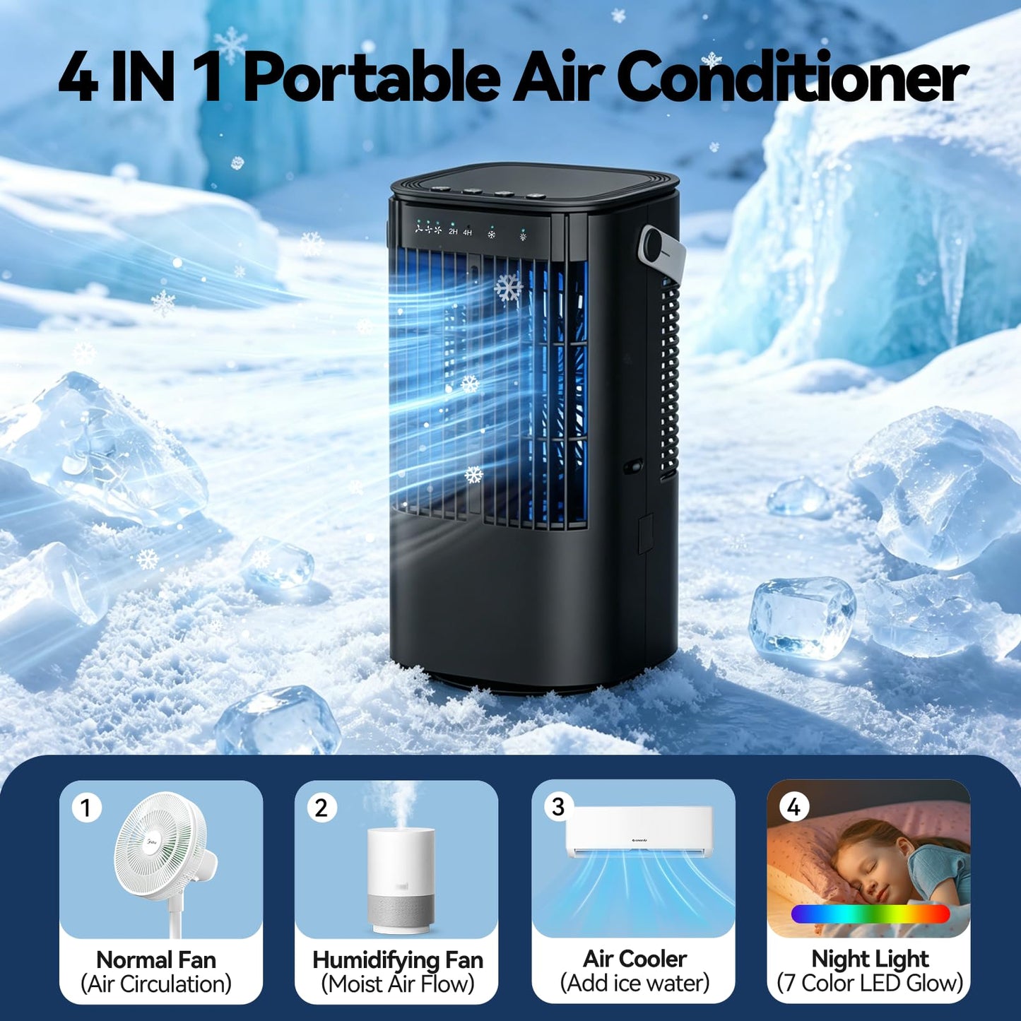 Portable Air Conditioner, 4-in-1 Mini Small Air Conditioner Evaporative Air Cooler Fan with 1000ml Water Tank, 3 Speeds & 7 LED Lights, Personal Mini AC with Timer for Bedroom, Desktop, Home, Office