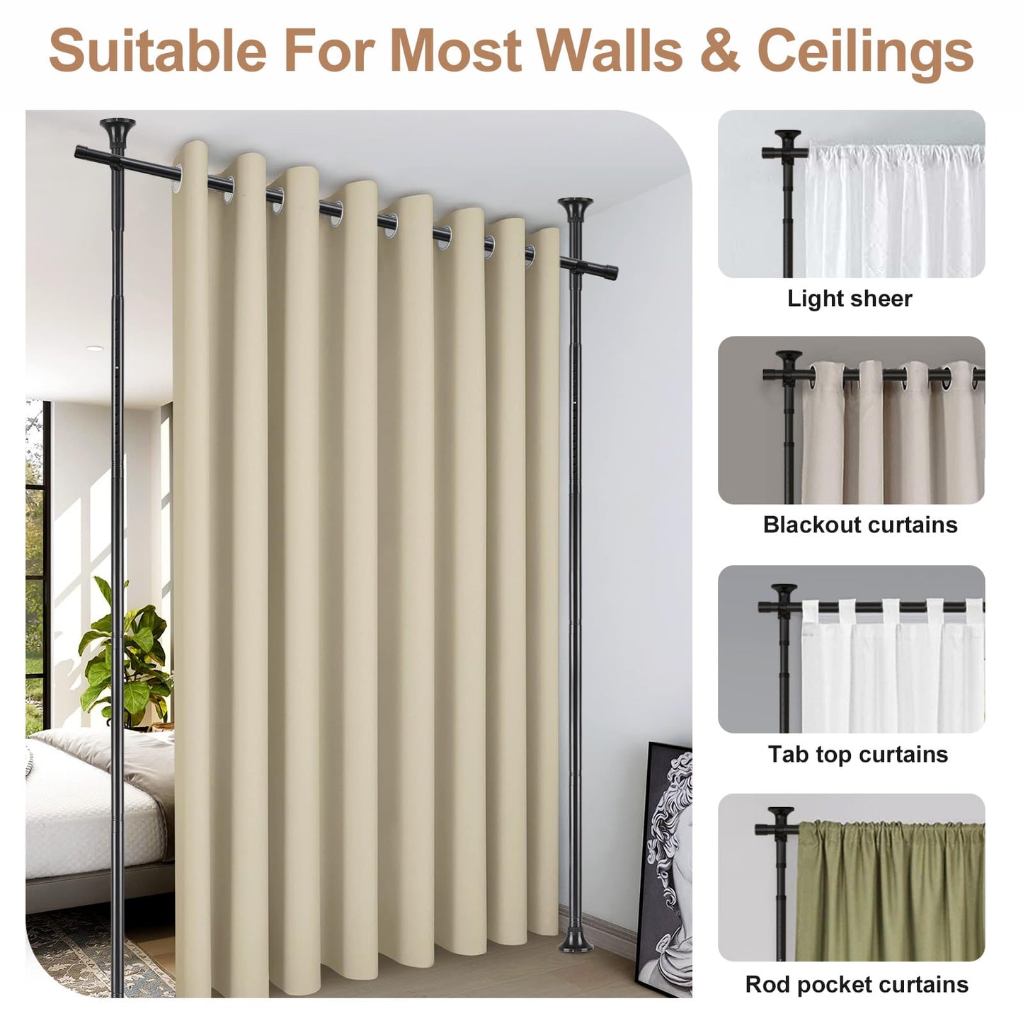 Room Divider Rod, Curtain Rod No Drilling Partition Room Dividers Tension Rod, 4-10ft (H) 48-72inch(W) Floor to Ceiling Room Black