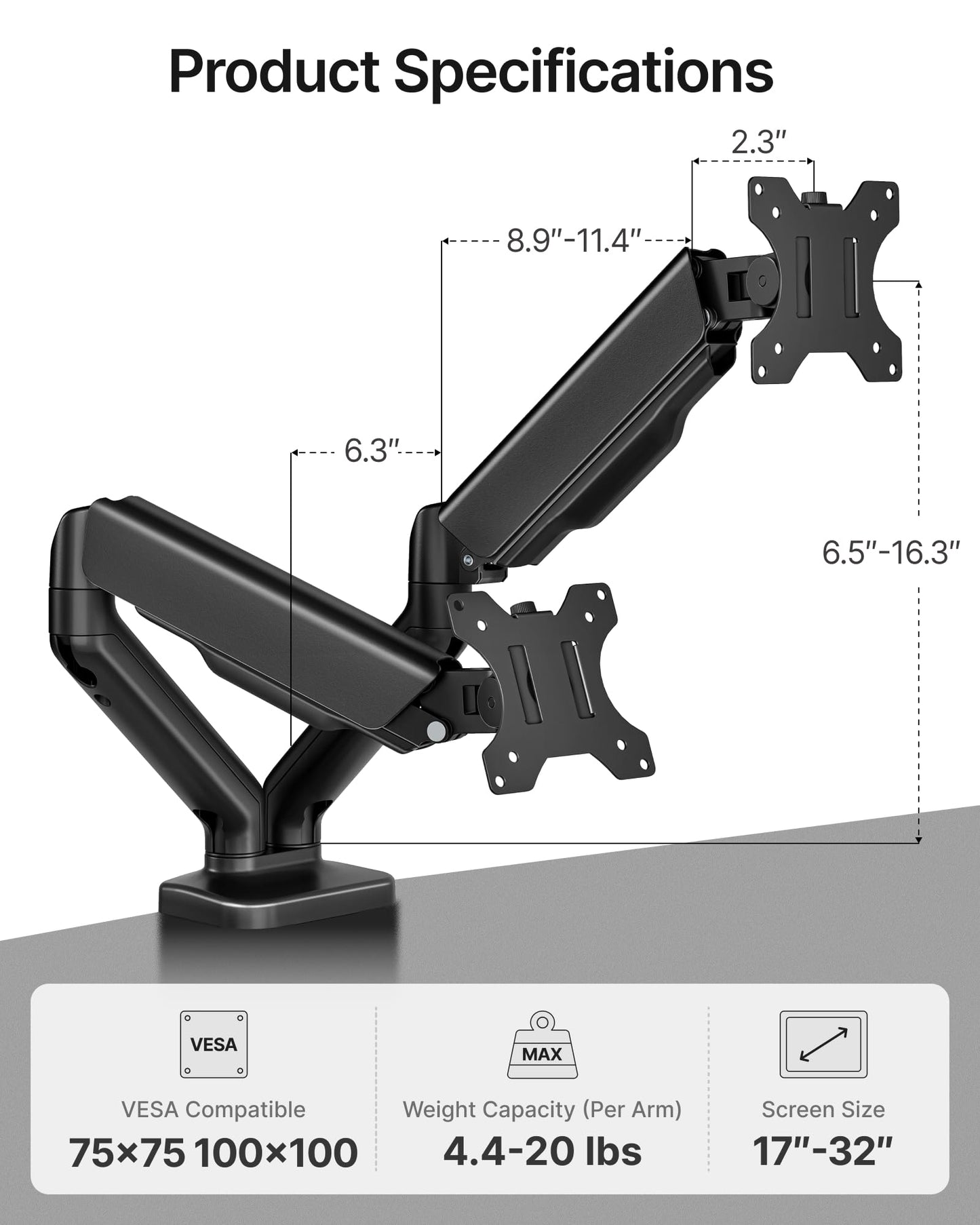 monTEK Heavy Duty Dual Monitor Arm for 17-32” Flat/Curved Screens, Premium Mechanical Spring Monitor Arm up to 19.8 lbs, Full Motion Monitor Desk Mount with Quick-Release VESA 75/100mm, Clamp/Grommet