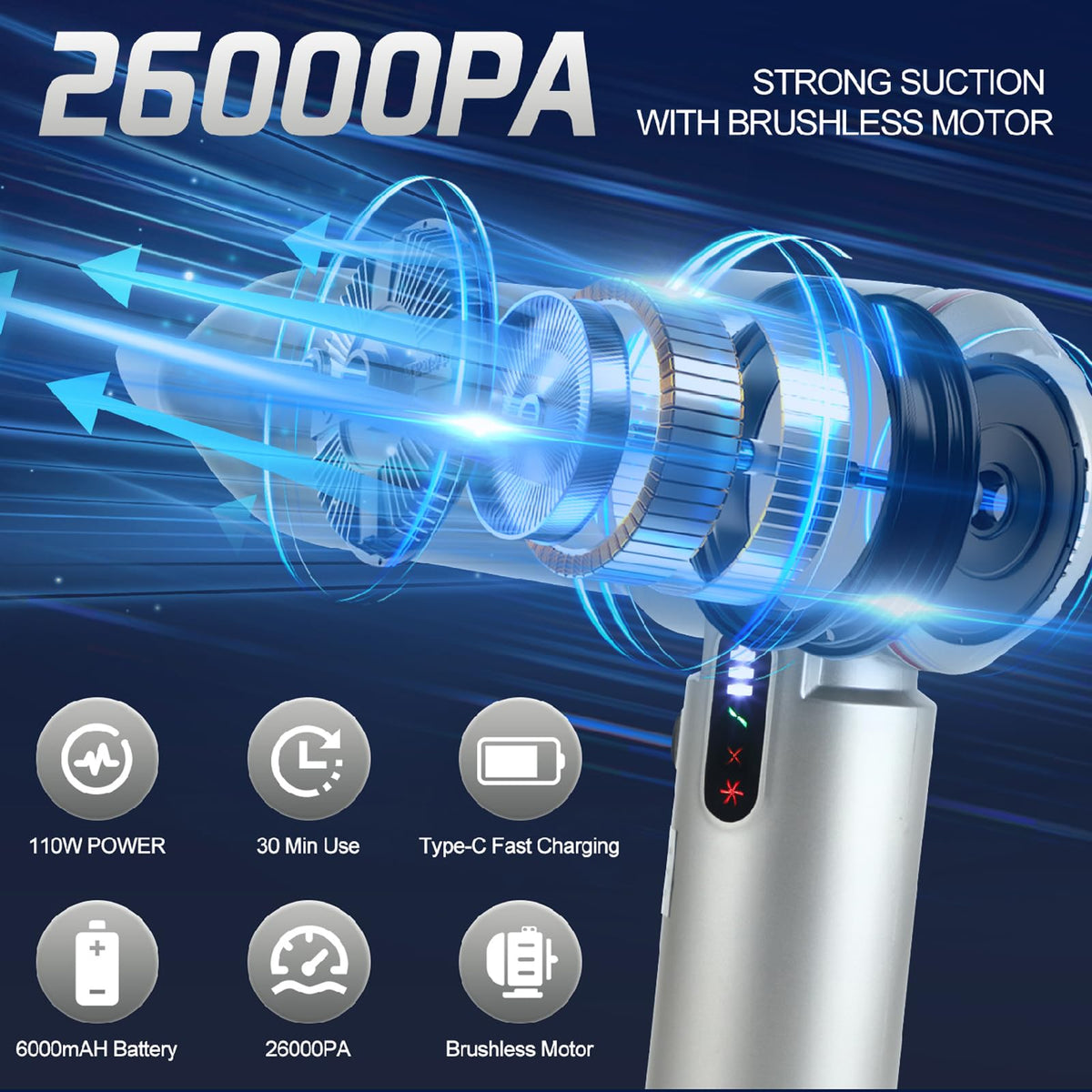 Cordless Car Vacuum Cleaner Handheld Small Vacuum Cleaners 26000PA Powerful Portable USB 3 Modes Mini Vacuum for Home Office car pet Kitchen