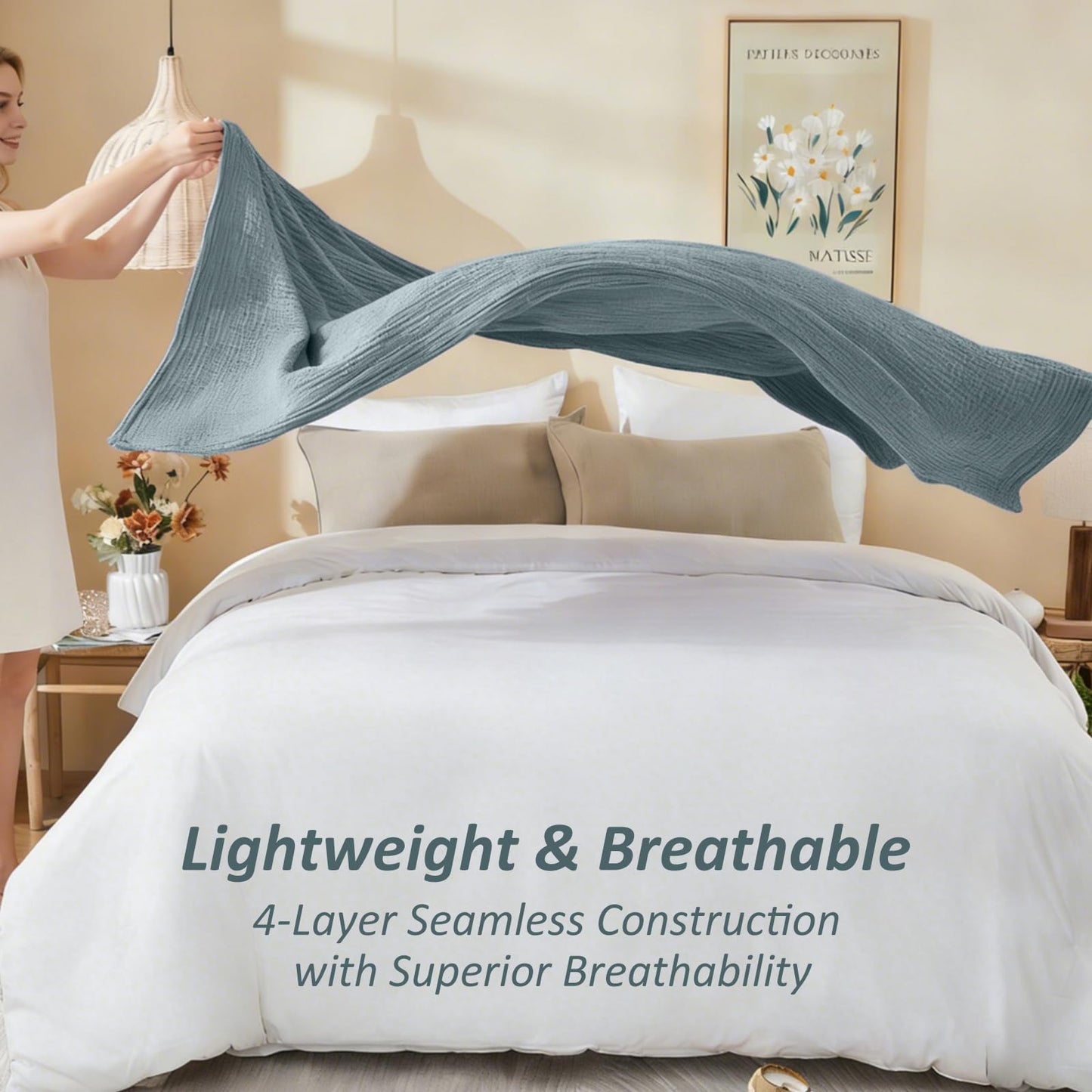 EMME Cotton Muslin Queen Blanket Bed Layering Bedspread Coverlet Breathable Gauze Soft Lightweight (Heather Teal, 90"x90")