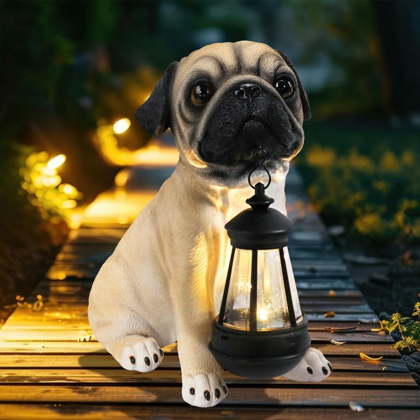 Garden Dog Statues Outdoor Decor, Solar Lights Outdoor Pug Figurines Solar Dog Ornaments for Patio, Lawn, Yard Art Decoration, Valentines Day Gifts, Housewarming Garden Gift