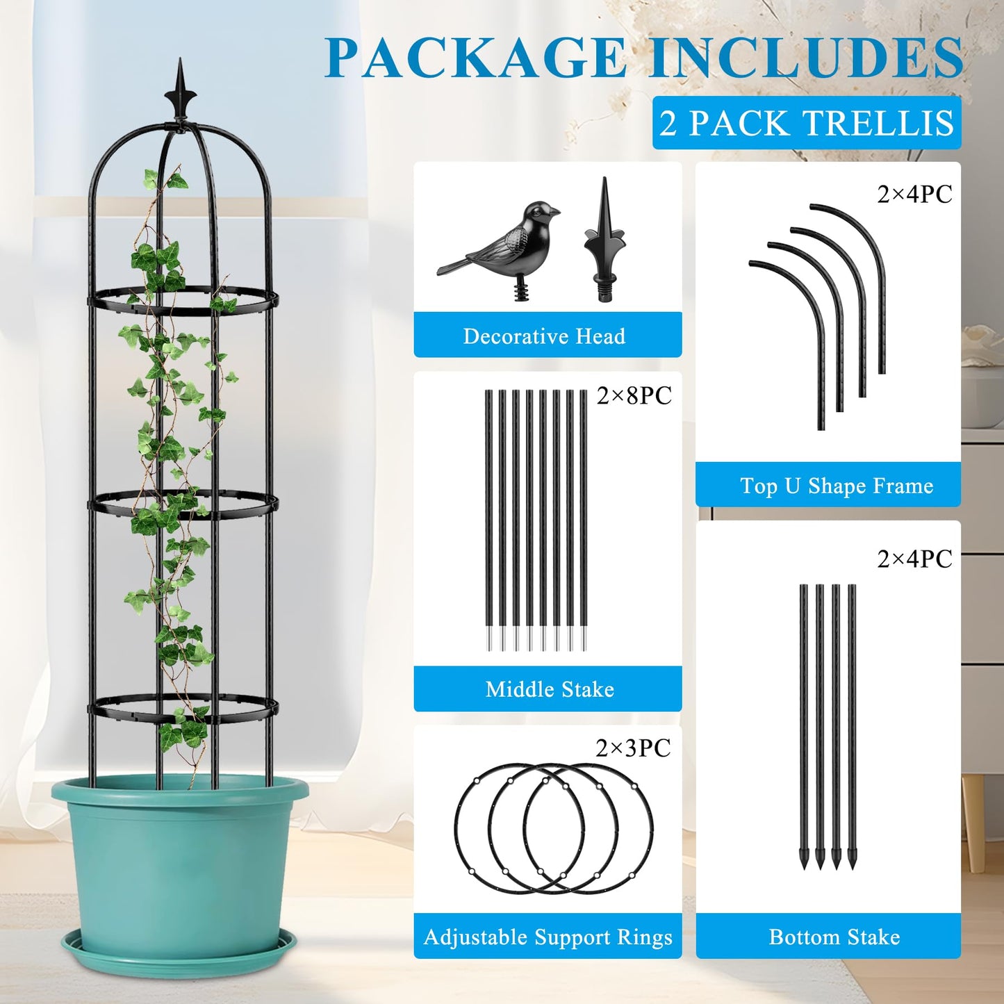 2 pcs Tower Obelisk Garden Trellis,Rustproof Metal Garden Obelisk for Climbing Plants Indoor Outdoor,Trellis Plant Support for Potted Plants,Vegetable, Fruits, Flowers.